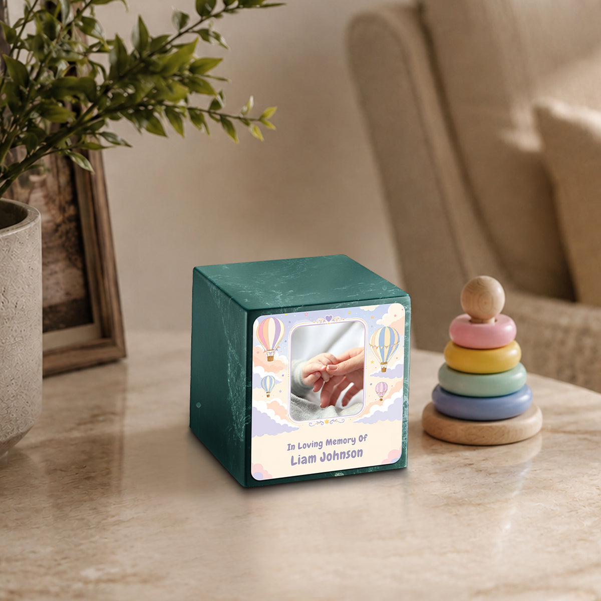 Small Cube Hot Air Balloons Evergreen Cultured Marble Child Cremation Urn by MacKenzie