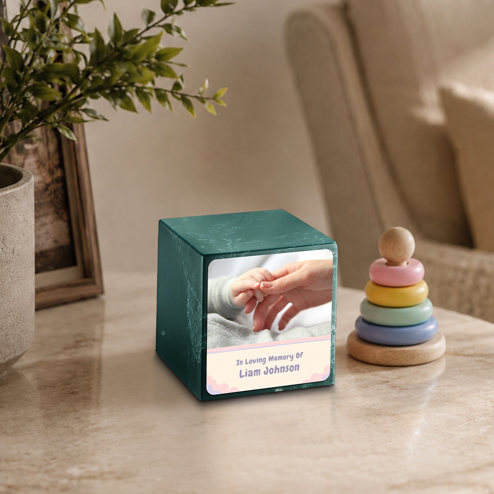 Small Cube Classic Photo Evergreen Cultured Marble Child Cremation Urn by MacKenzie