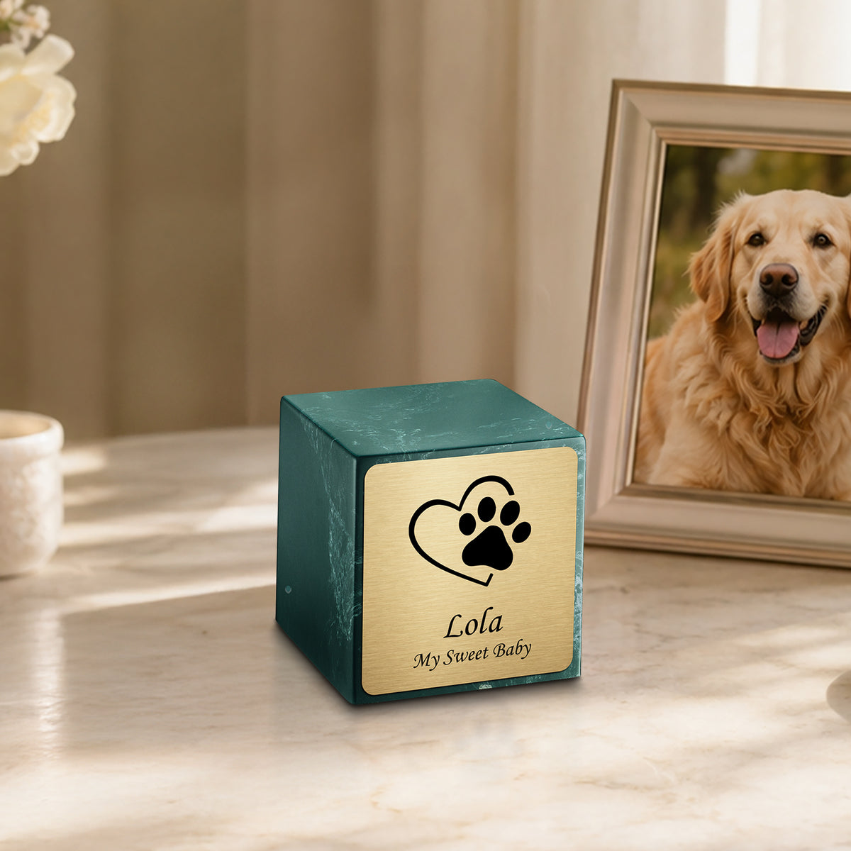 Small Cube Single Heart Paw Evergreen Cultured Marble Pet Cremation Urn by MacKenzie
