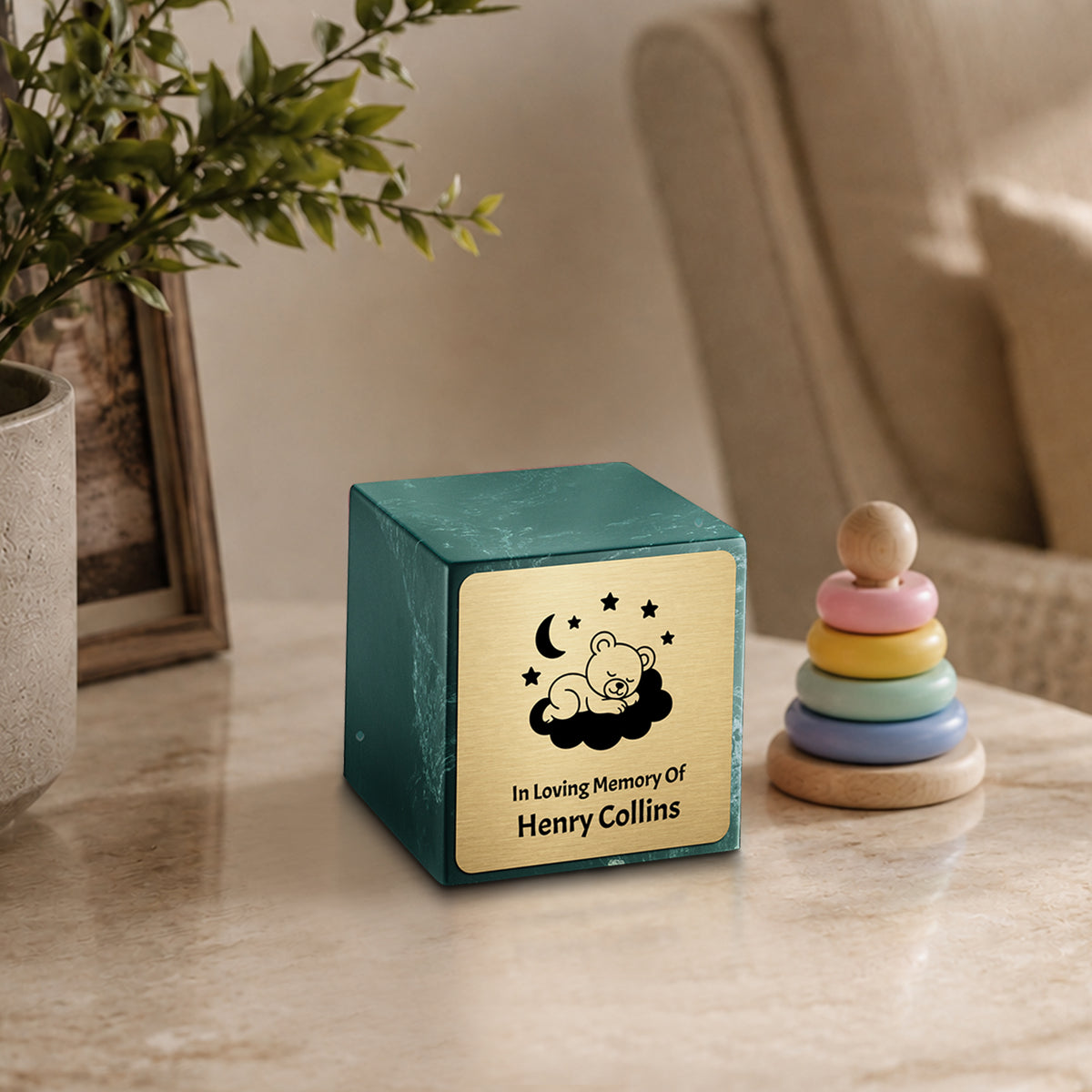 Small Cube Sleeping Teddy Evergreen Cultured Marble Child Cremation Urn by MacKenzie