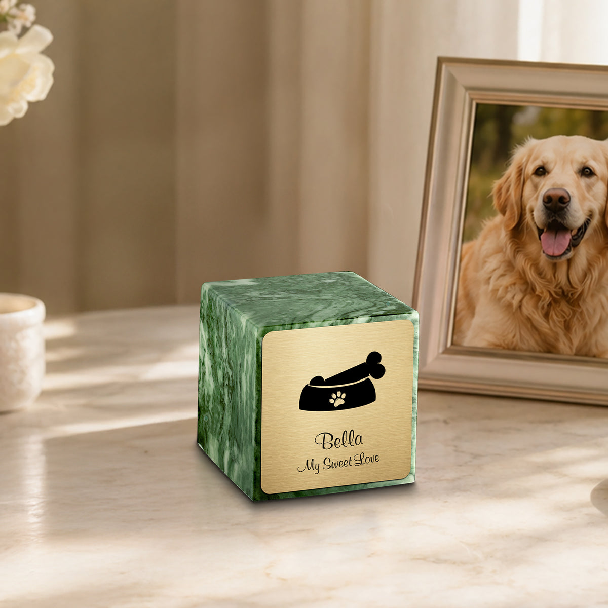 Small Cube Dog Bone Emerald Cultured Marble Pet Cremation Urn by MacKenzie