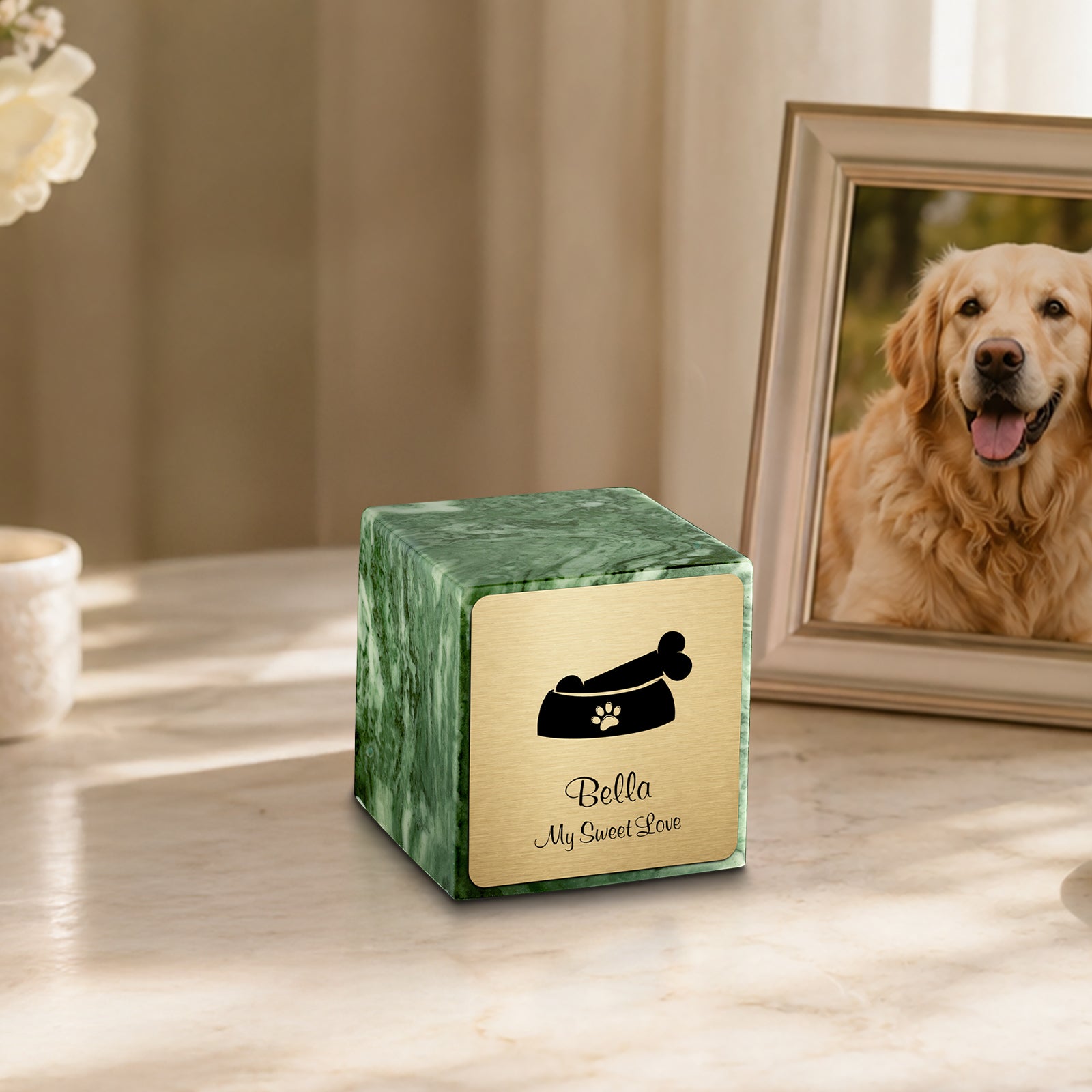 Small Cube Dog Bone Emerald Cultured Marble Pet Cremation Urn by MacKenzie