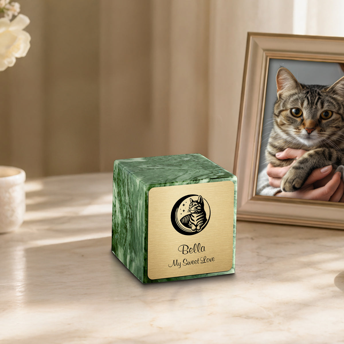Small Cube Cat Emerald Cultured Marble Pet Cremation Urn by MacKenzie