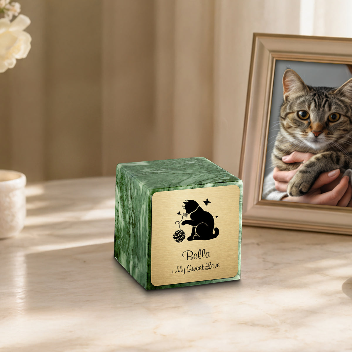 Small Cube Fun Cat Emerald Cultured Marble Pet Cremation Urn by MacKenzie