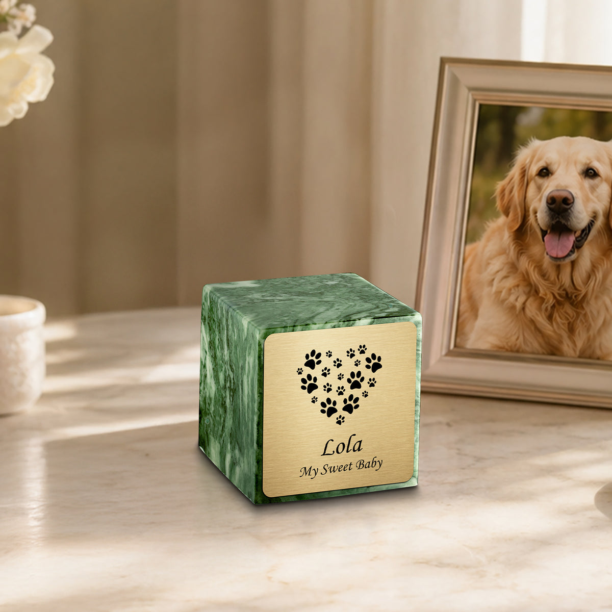 Small Cube Heart Paw Emerald Cultured Marble Pet Cremation Urn by MacKenzie