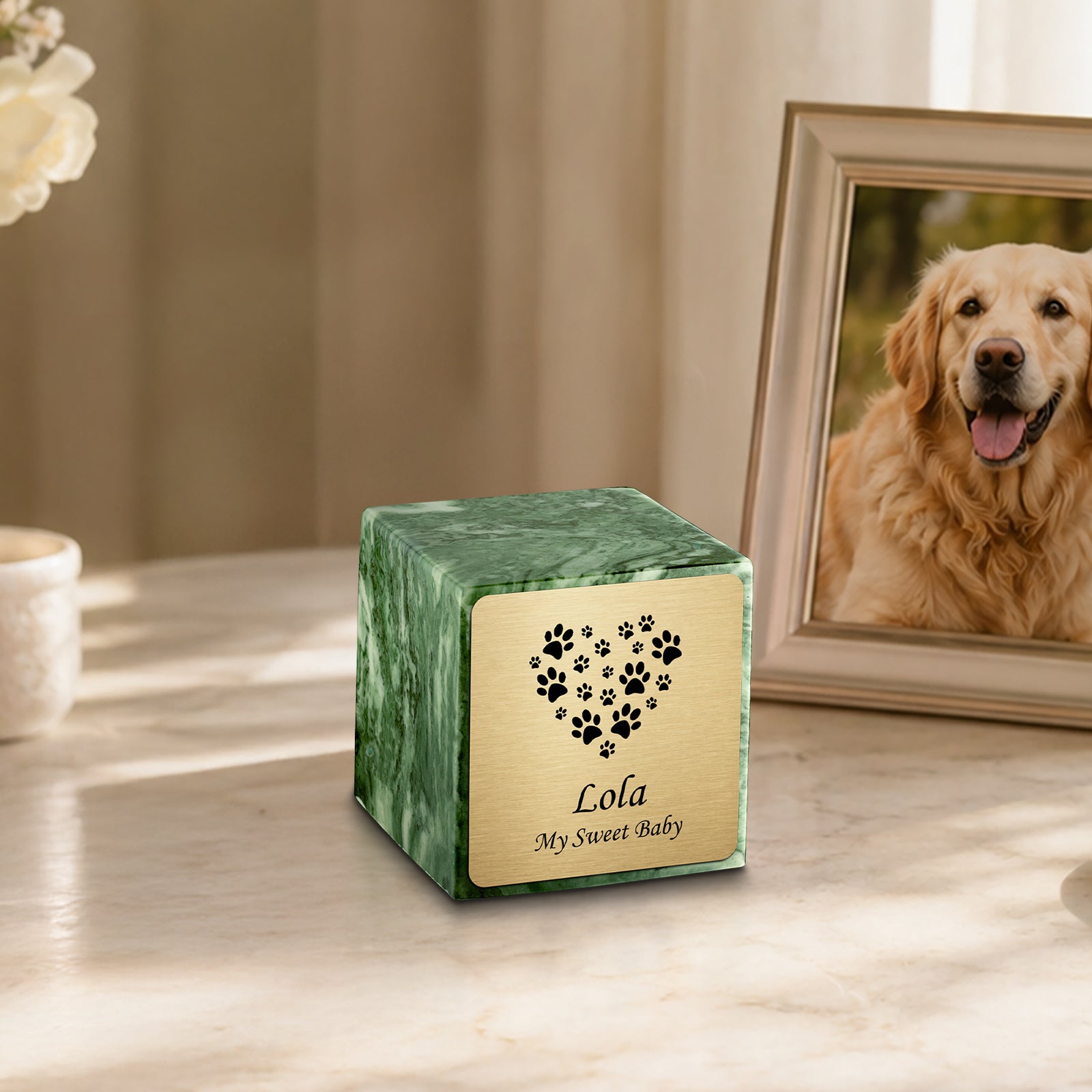 Small Cube Heart Paw Emerald Cultured Marble Pet Cremation Urn by MacKenzie