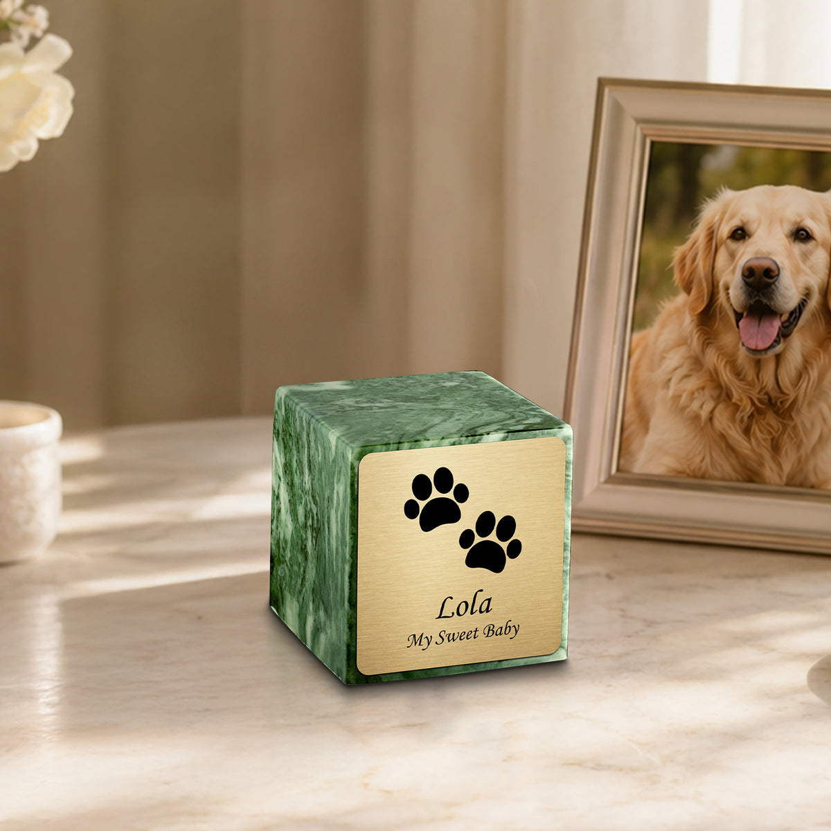 Small Cube Walking Paws Emerald Cultured Marble Pet Cremation Urn by MacKenzie