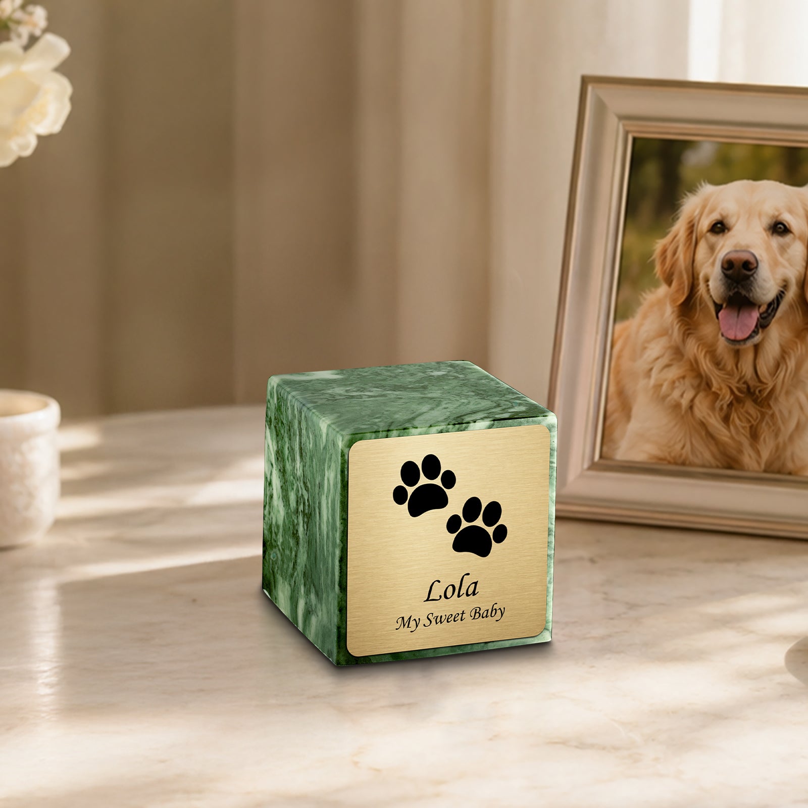 Small Cube Walking Paws Emerald Cultured Marble Pet Cremation Urn by MacKenzie