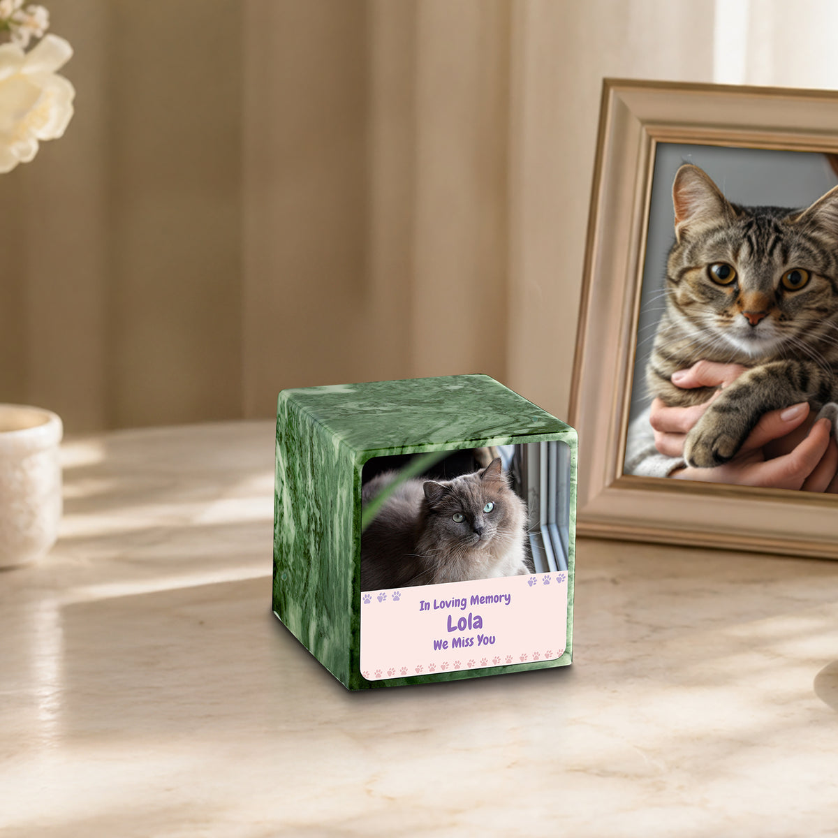 Small Cube Pet Photo Memorial Emerald Cultured Marble Pet Cremation Urn by MacKenzie