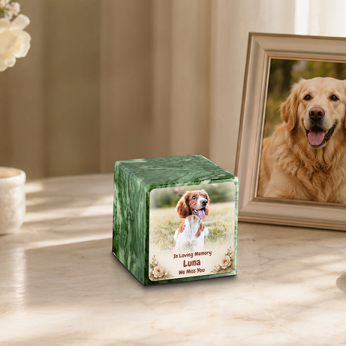 Small Cube Personalized Pet Photo Emerald Cultured Marble Pet Cremation Urn by MacKenzie
