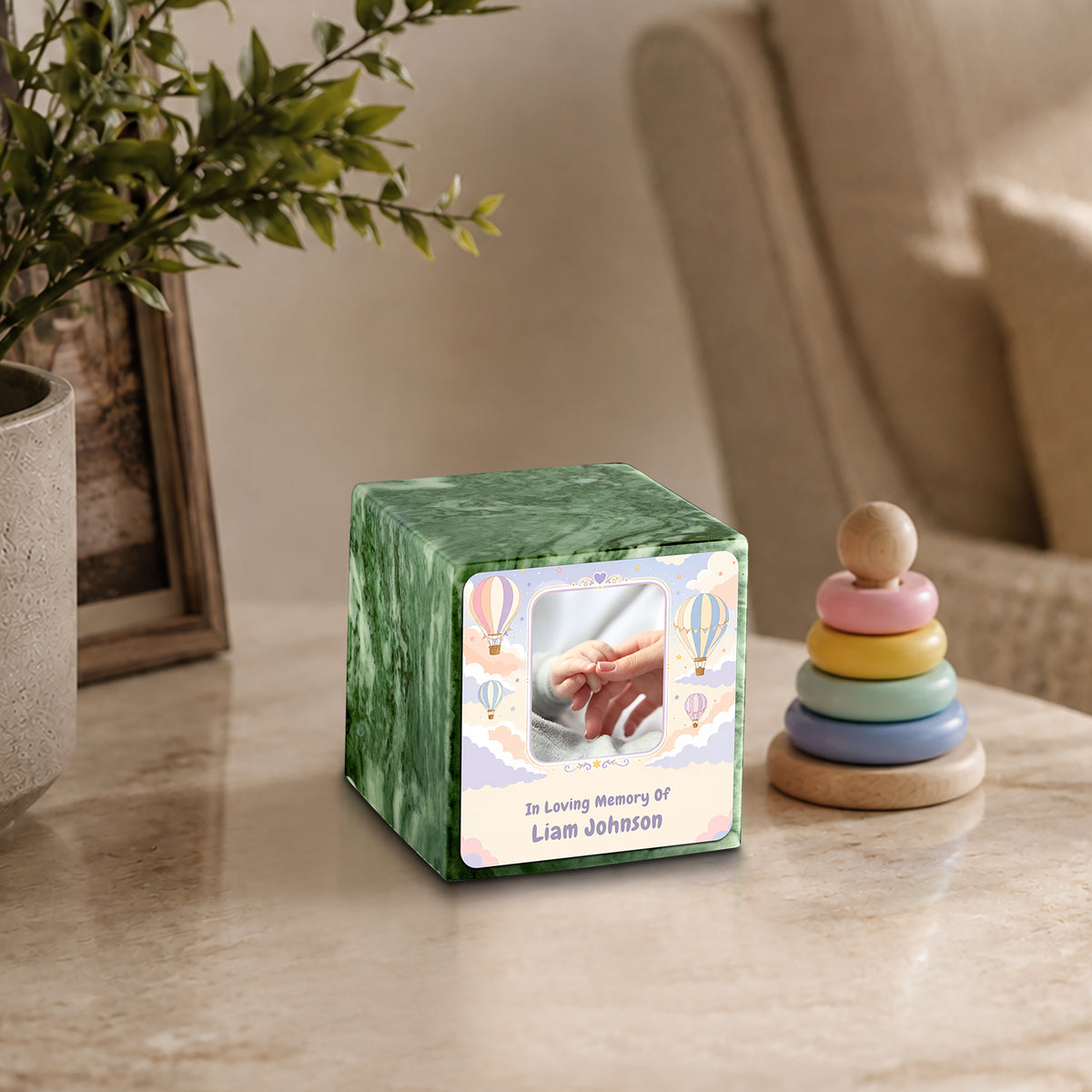 Small Cube Hot Air Balloons Emerald Cultured Marble Child Cremation Urn by MacKenzie