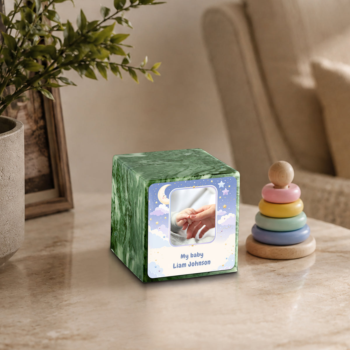 Small Cube Moon and Stars Emerald Cultured Marble Child Cremation Urn by MacKenzie