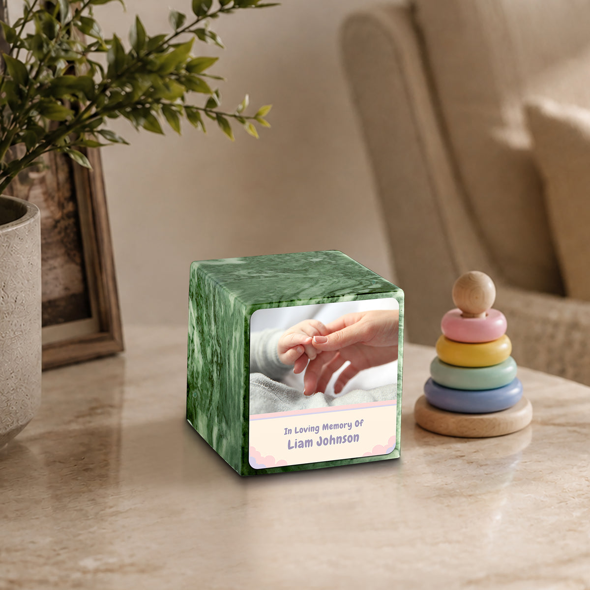 Small Cube Classic Photo Emerald Cultured Marble Child Cremation Urn by MacKenzie