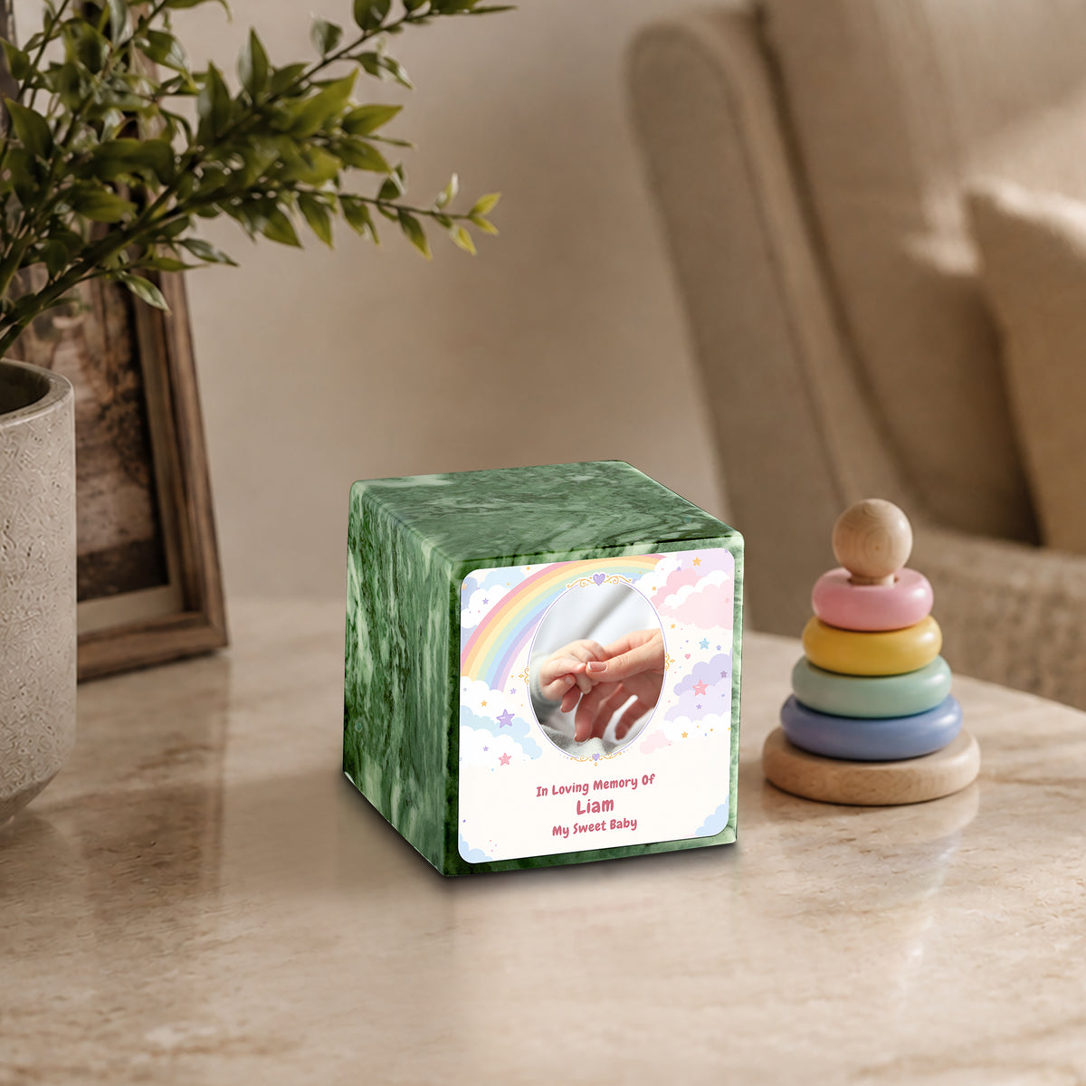 Small Cube Rainbow and Clouds Emerald Cultured Marble Child Cremation Urn by MacKenzie