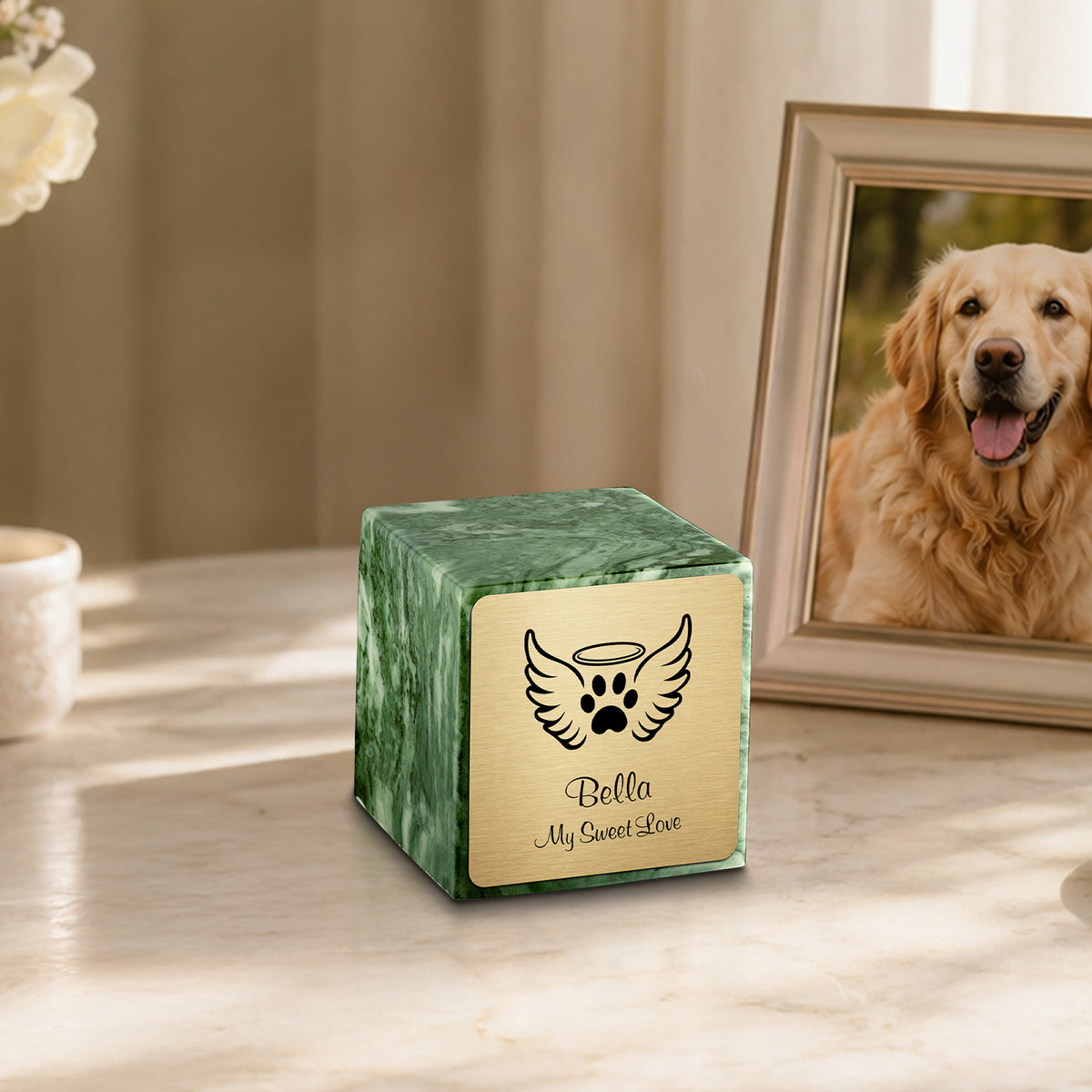 Small Cube Angel Wings Emerald Cultured Marble Pet Cremation Urn by MacKenzie