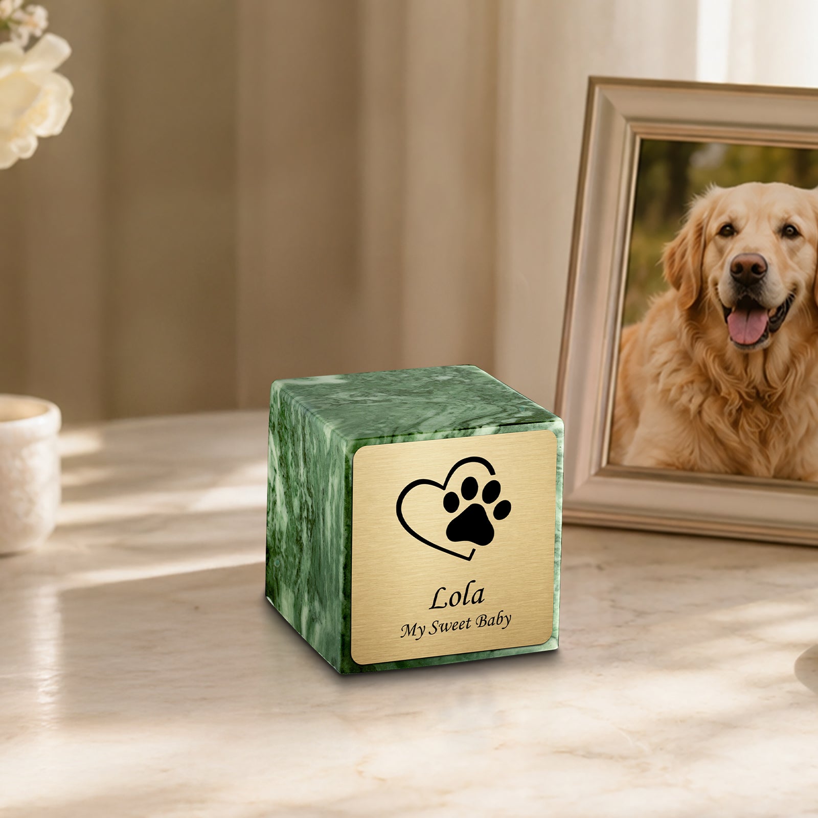 Small Cube Single Heart Paw Emerald Cultured Marble Pet Cremation Urn by MacKenzie