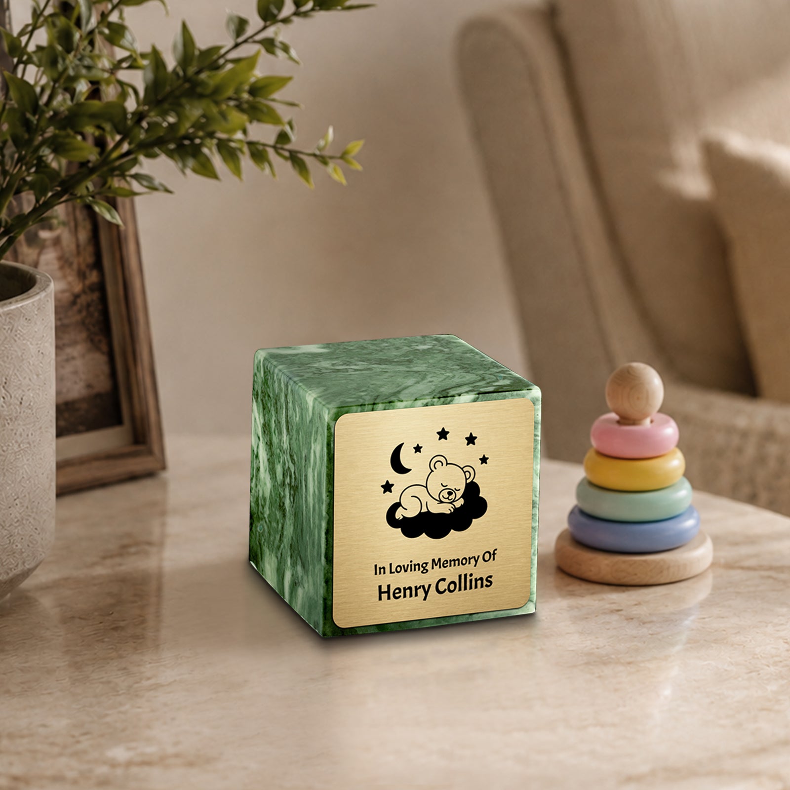 Small Cube Sleeping Teddy Emerald Cultured Marble Child Cremation Urn by MacKenzie