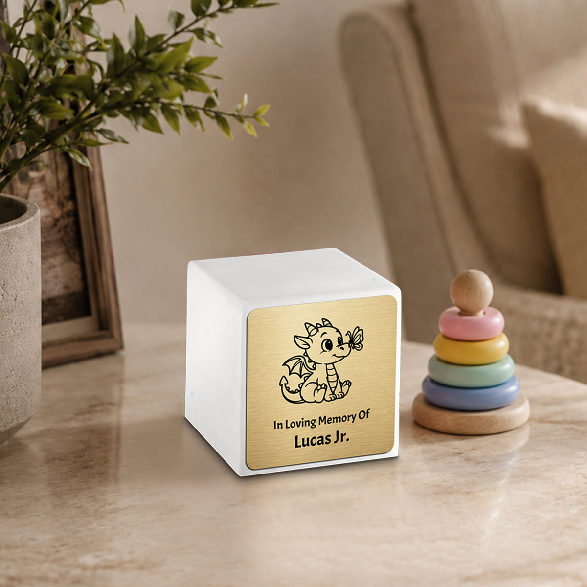 Small Cube Baby Dragon Glacier White Cultured Marble Child Cremation Urn by MacKenzie