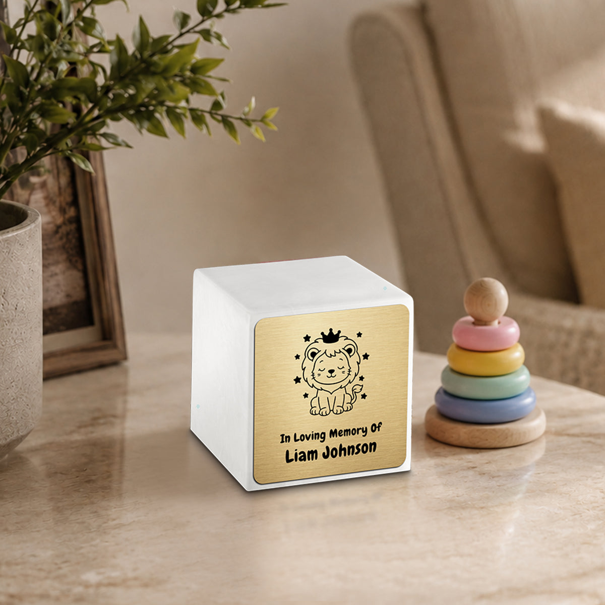 Small Cube Baby Lion Glacier White Cultured Marble Child Cremation Urn by MacKenzie