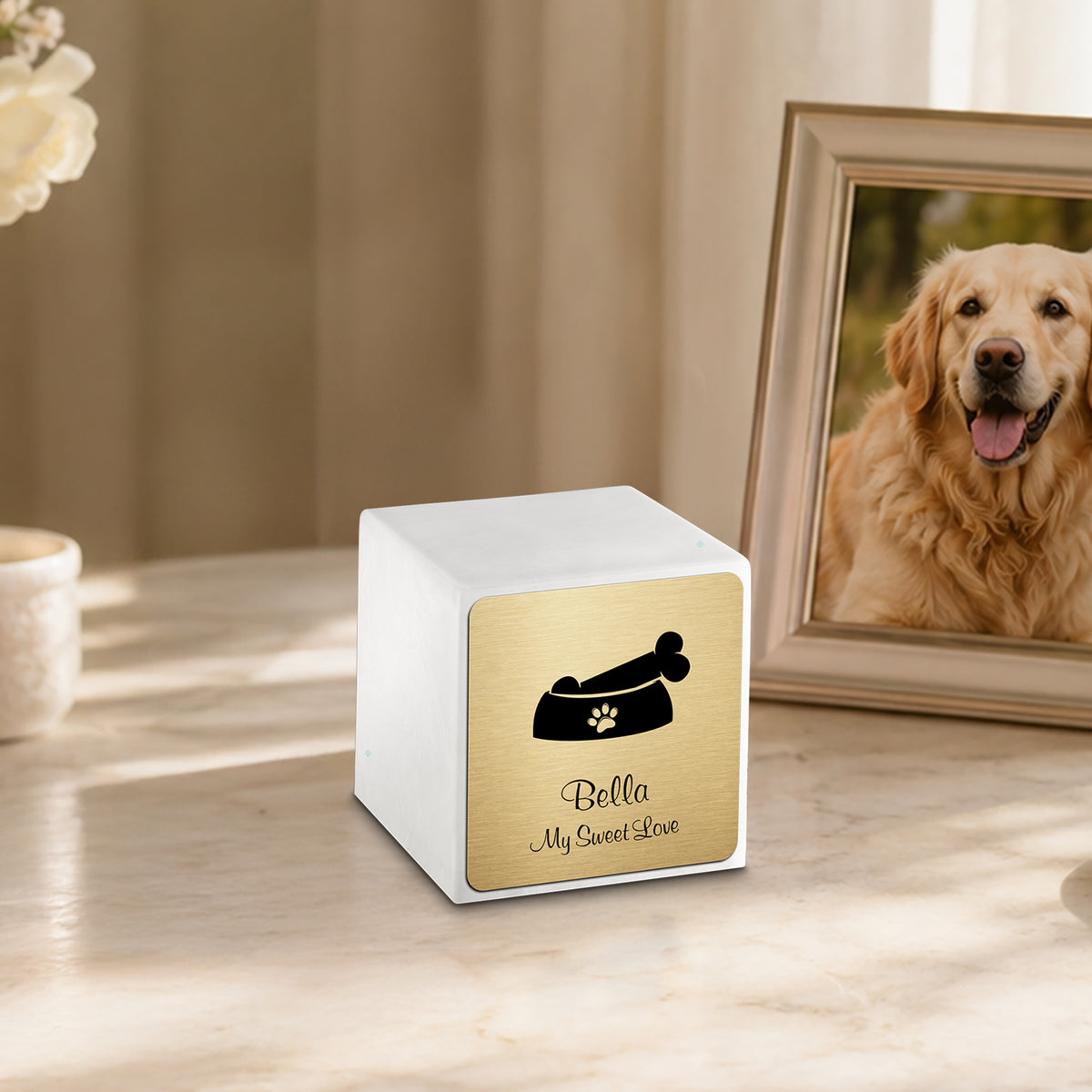Small Cube Dog Bone Glacier White Cultured Marble Pet Cremation Urn by MacKenzie