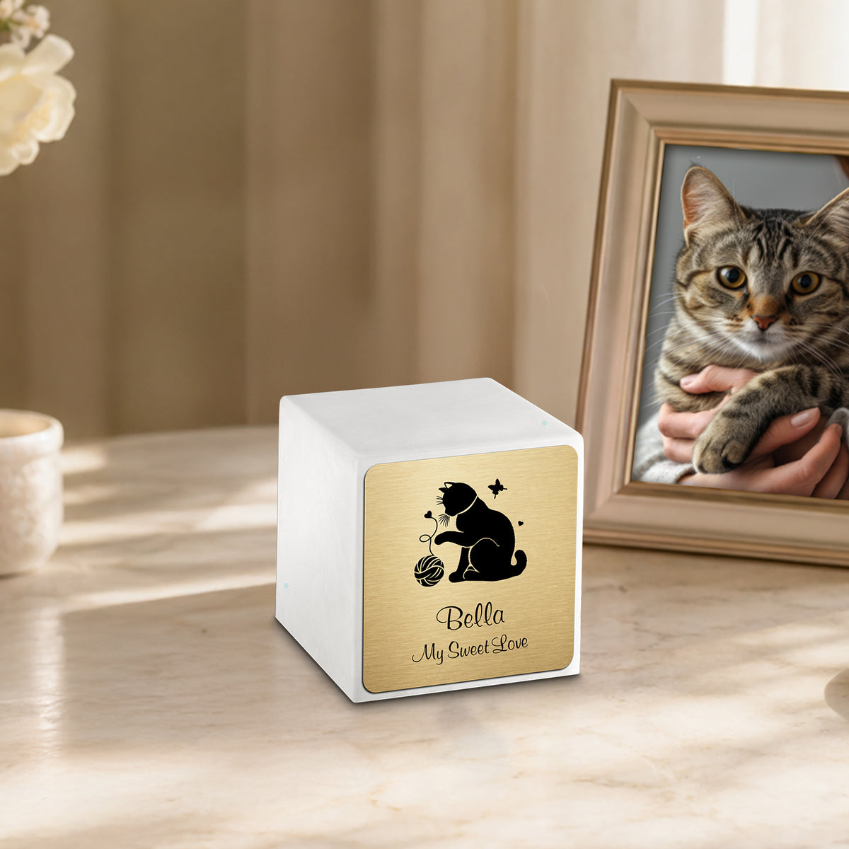 Small Cube Fun Cat Glacier White Cultured Marble Pet Cremation Urn by MacKenzie
