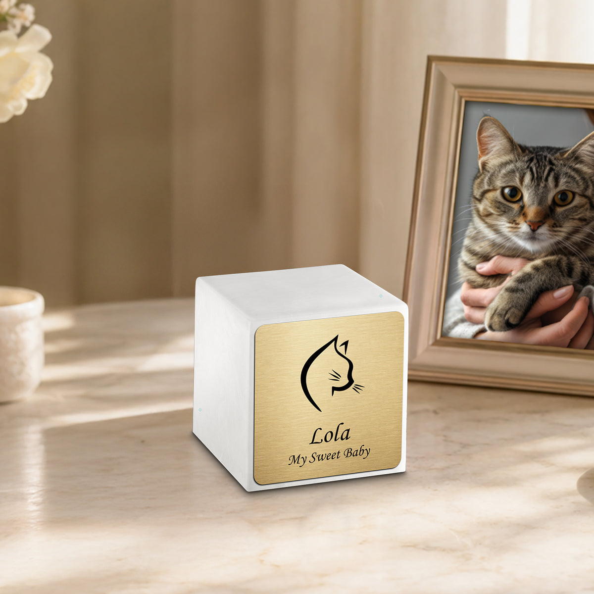 Small Cube Cat Head Glacier White Cultured Marble Pet Cremation Urn by MacKenzie