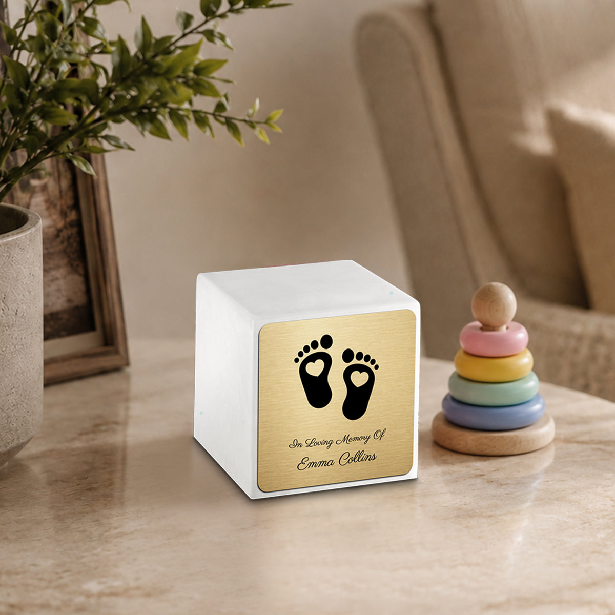 Small Cube Loving Heart Feet Glacier White Cultured Marble Child Cremation Urn by MacKenzie