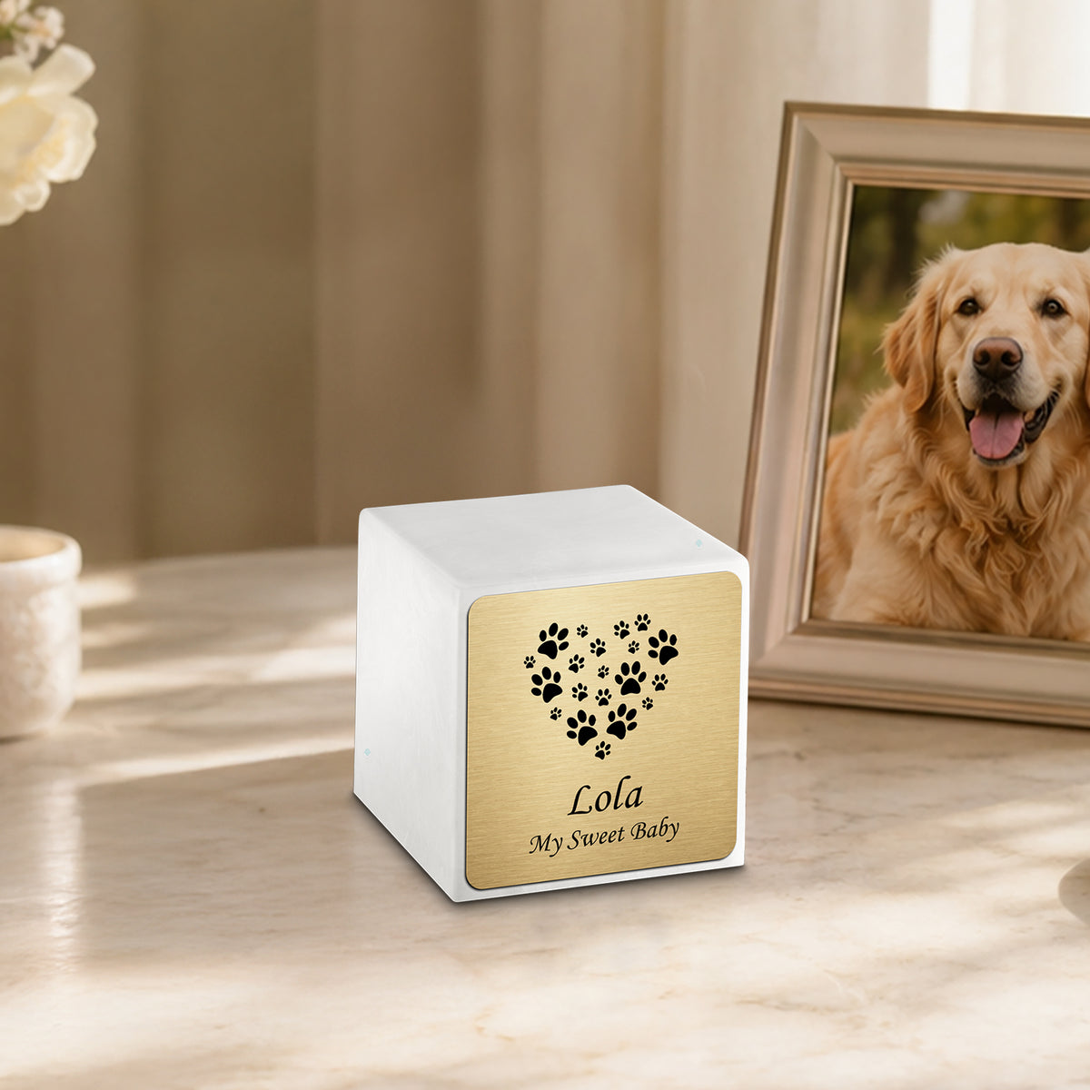 Small Cube Heart Paw Glacier White Cultured Marble Pet Cremation Urn by MacKenzie