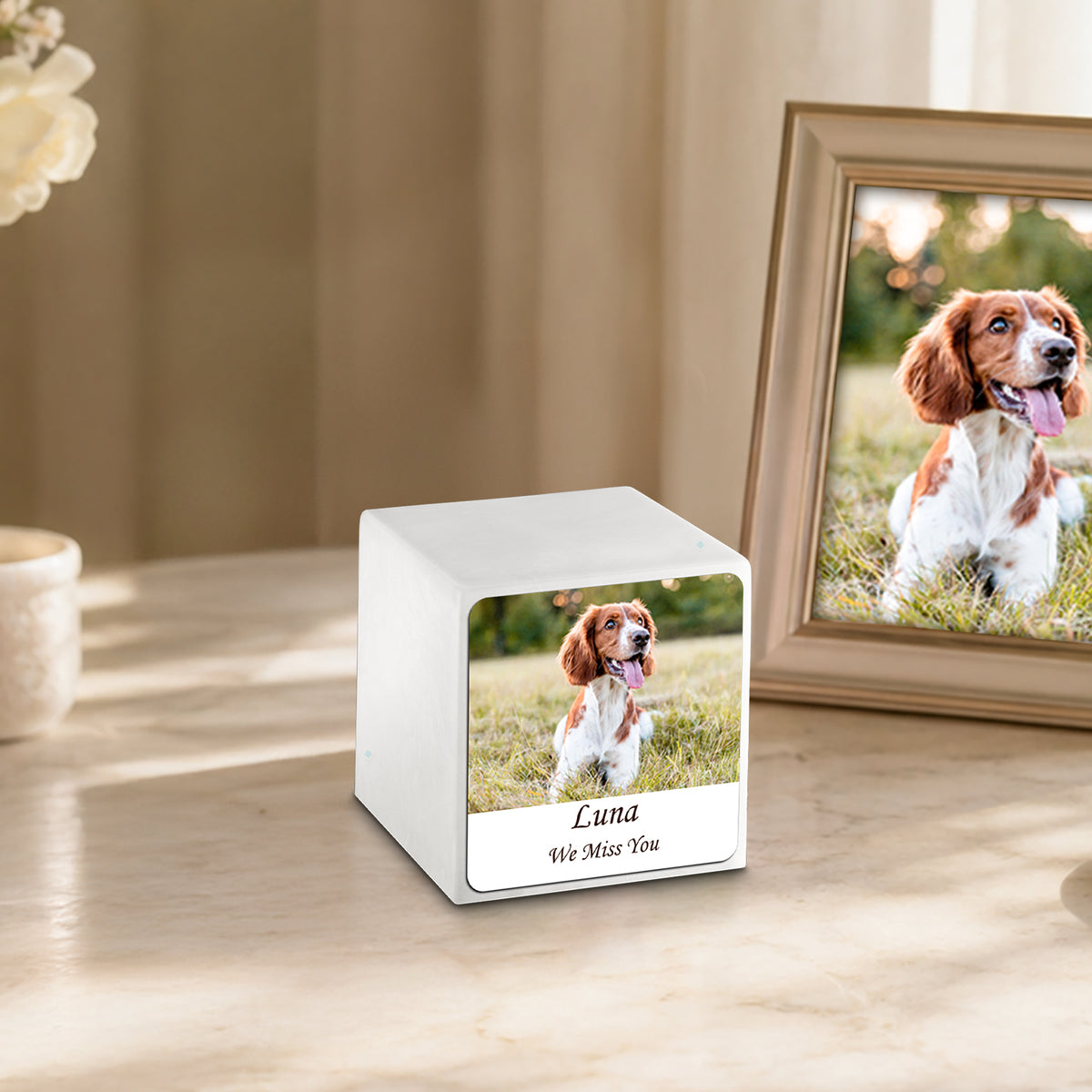 Small Cube Custom Pet Photo Glacier White Cultured Marble Pet Cremation Urn by MacKenzie