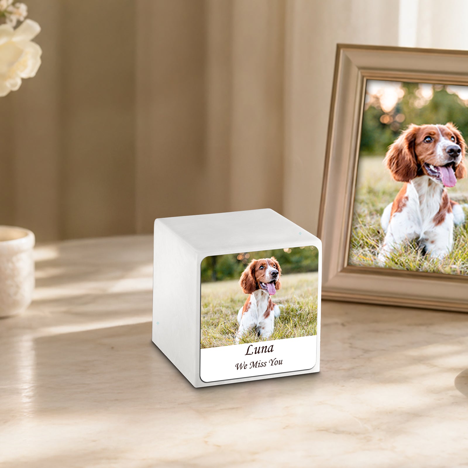 Small Cube Custom Pet Photo Glacier White Cultured Marble Pet Cremation Urn by MacKenzie