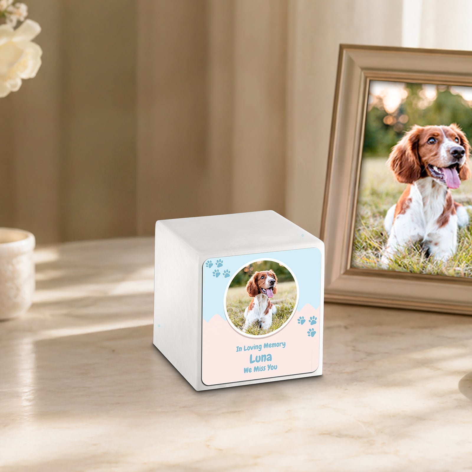 Small Cube Pet Portrait Glacier White Cultured Marble Pet Cremation Urn by MacKenzie