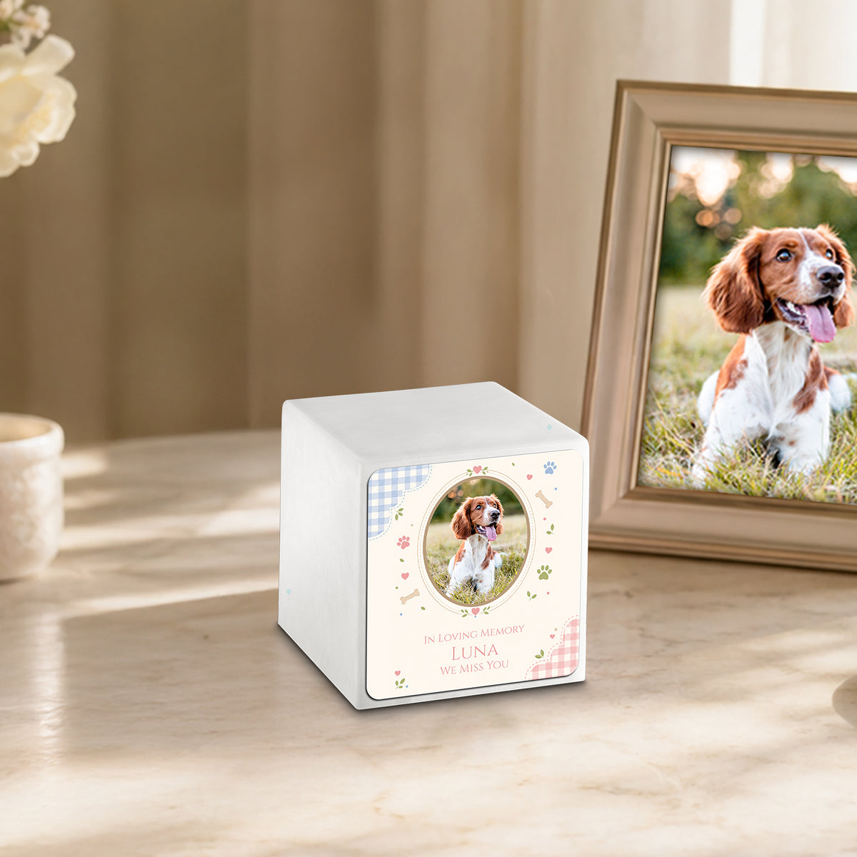 Small Cube Custom Pet Memorial Glacier White Cultured Marble Pet Cremation Urn by MacKenzie