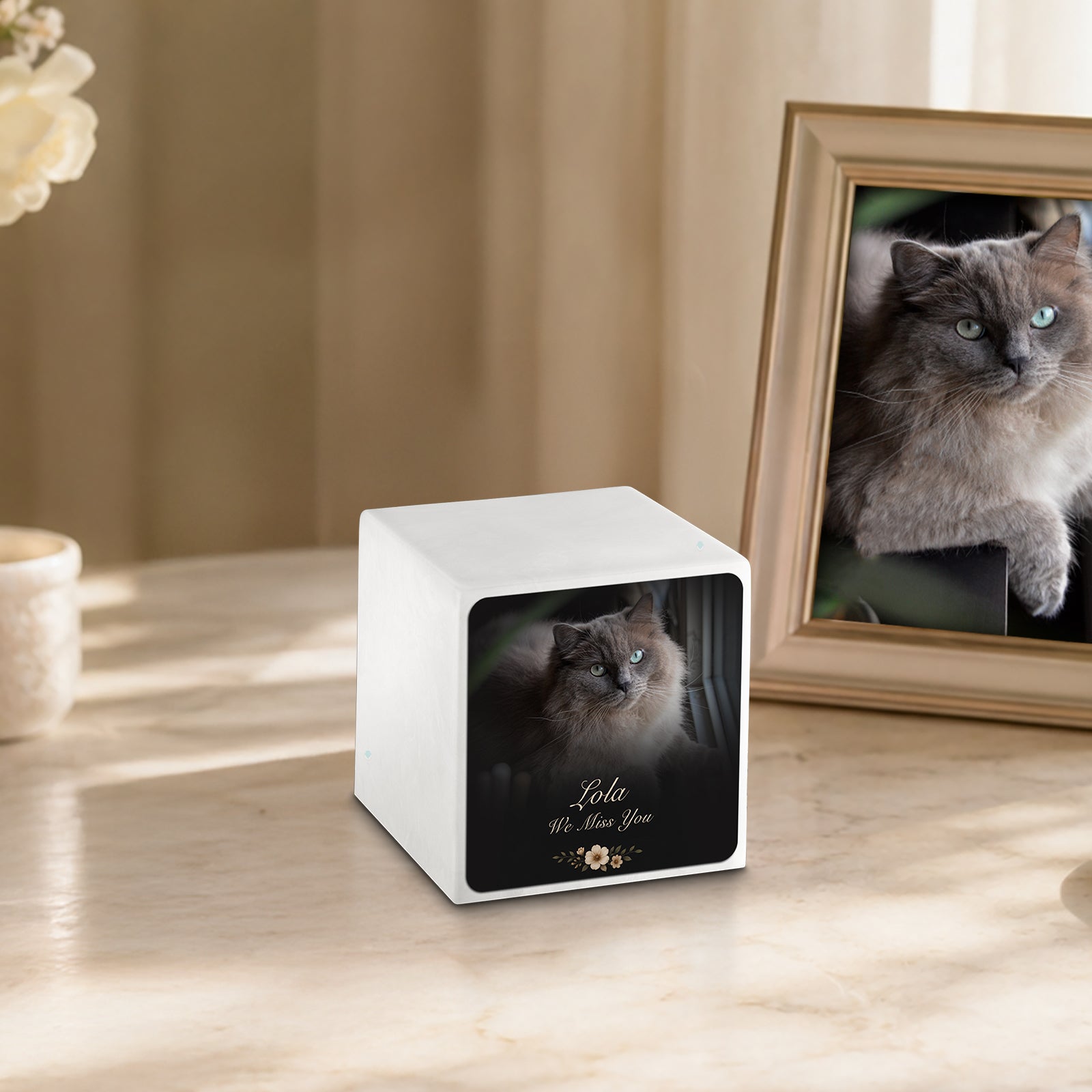 Small Cube Pet Portrait Photo Glacier White Cultured Marble Pet Cremation Urn by MacKenzie