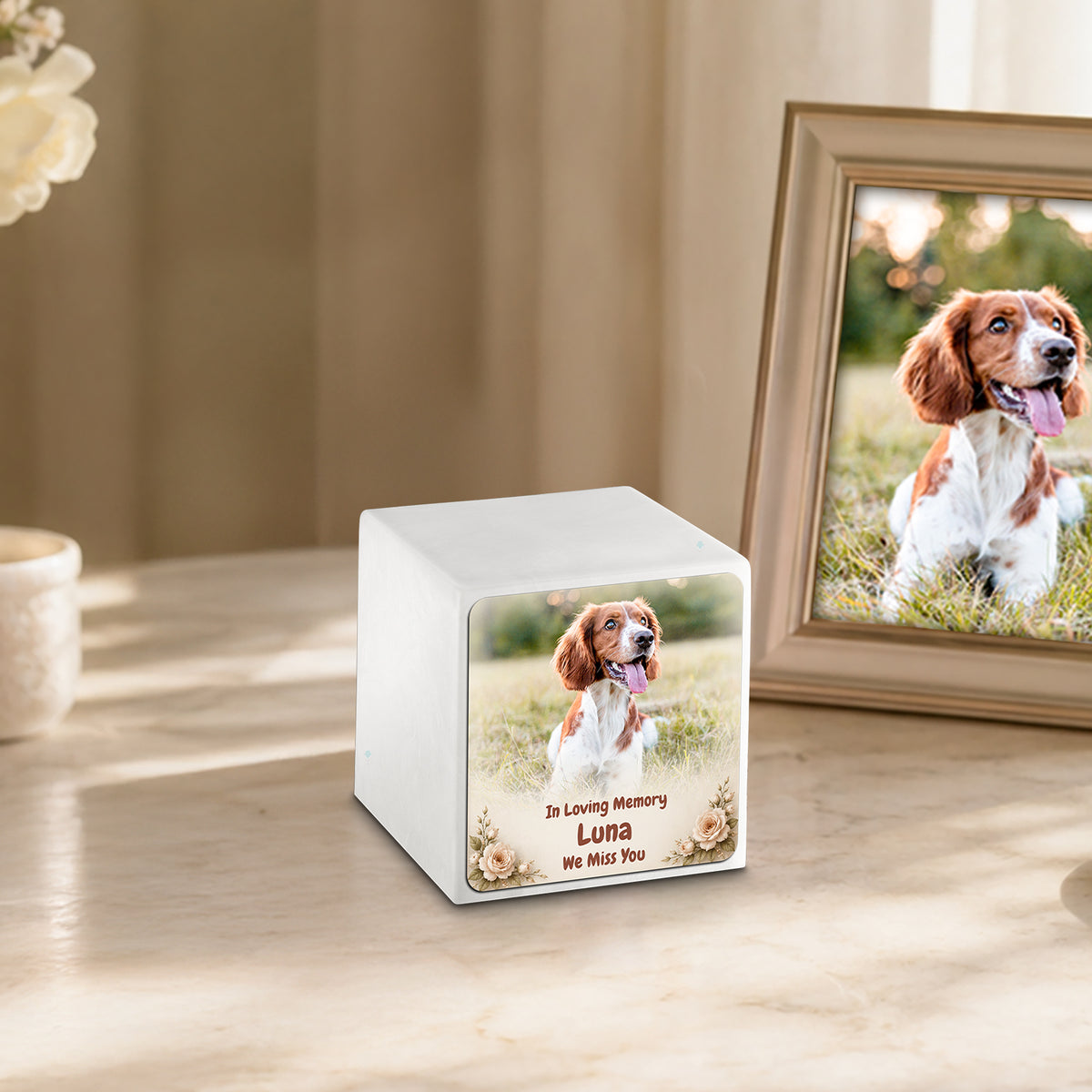 Small Cube Personalized Pet Photo Glacier White Cultured Marble Pet Cremation Urn by MacKenzie