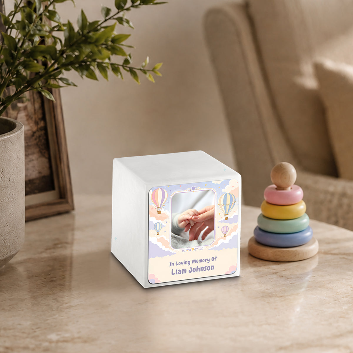 Small Cube Hot Air Balloons Glacier White Cultured Marble Child Cremation Urn by MacKenzie