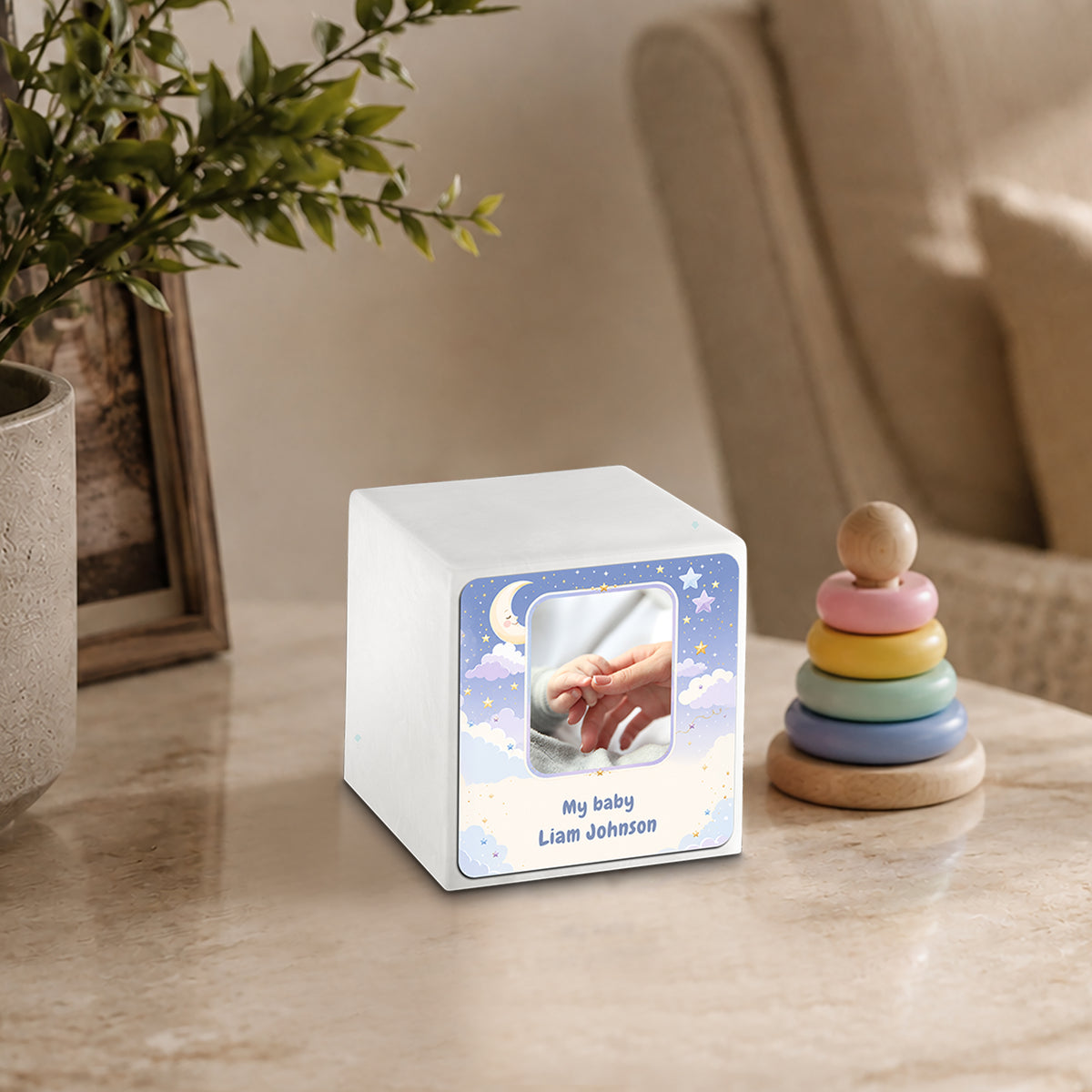 Small Cube Moon and Stars Glacier White Cultured Marble Child Cremation Urn by MacKenzie