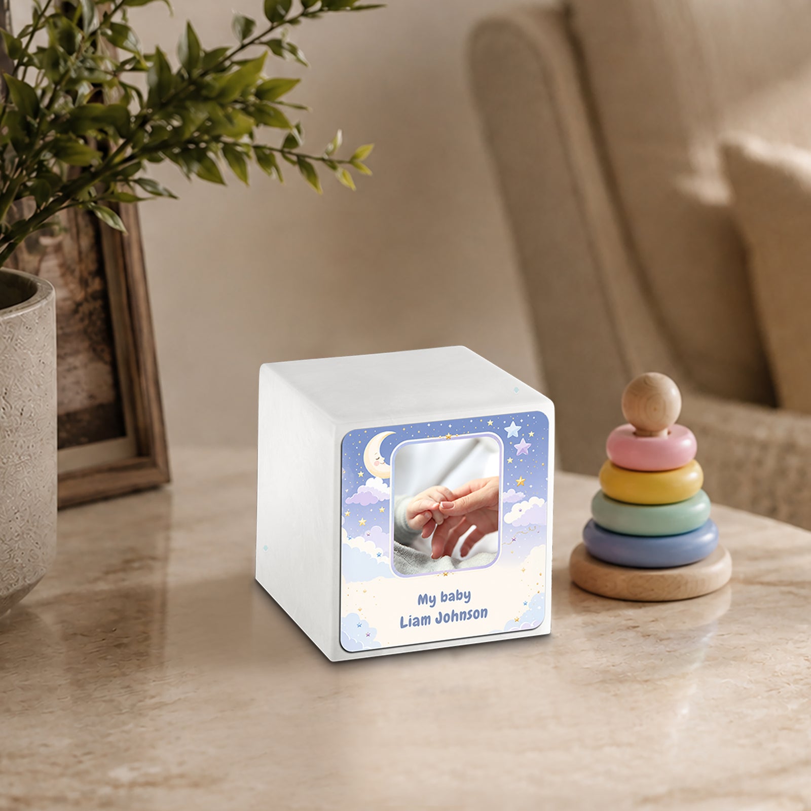 Small Cube Moon and Stars Glacier White Cultured Marble Child Cremation Urn by MacKenzie