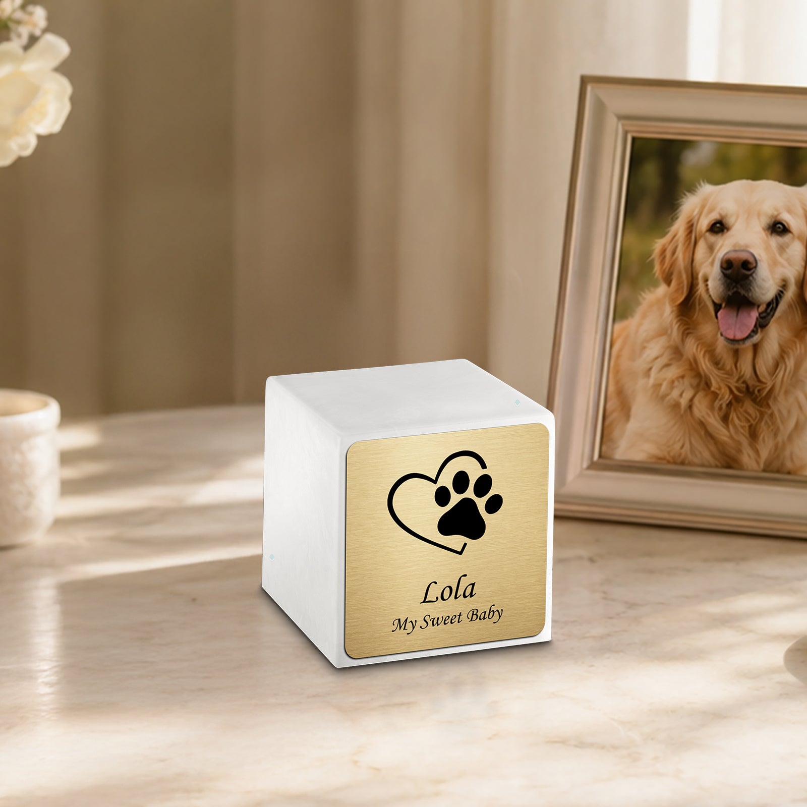 Small Cube Single Heart Paw Glacier White Cultured Marble Pet Cremation Urn by MacKenzie