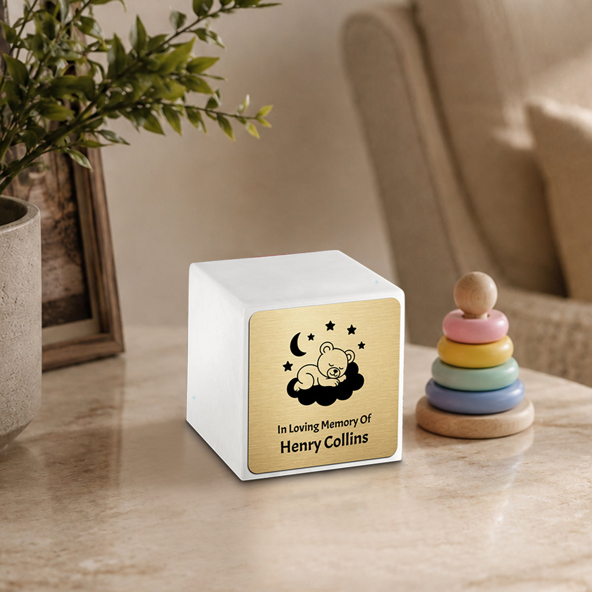 Small Cube Sleeping Teddy Glacier White Cultured Marble Child Cremation Urn by MacKenzie