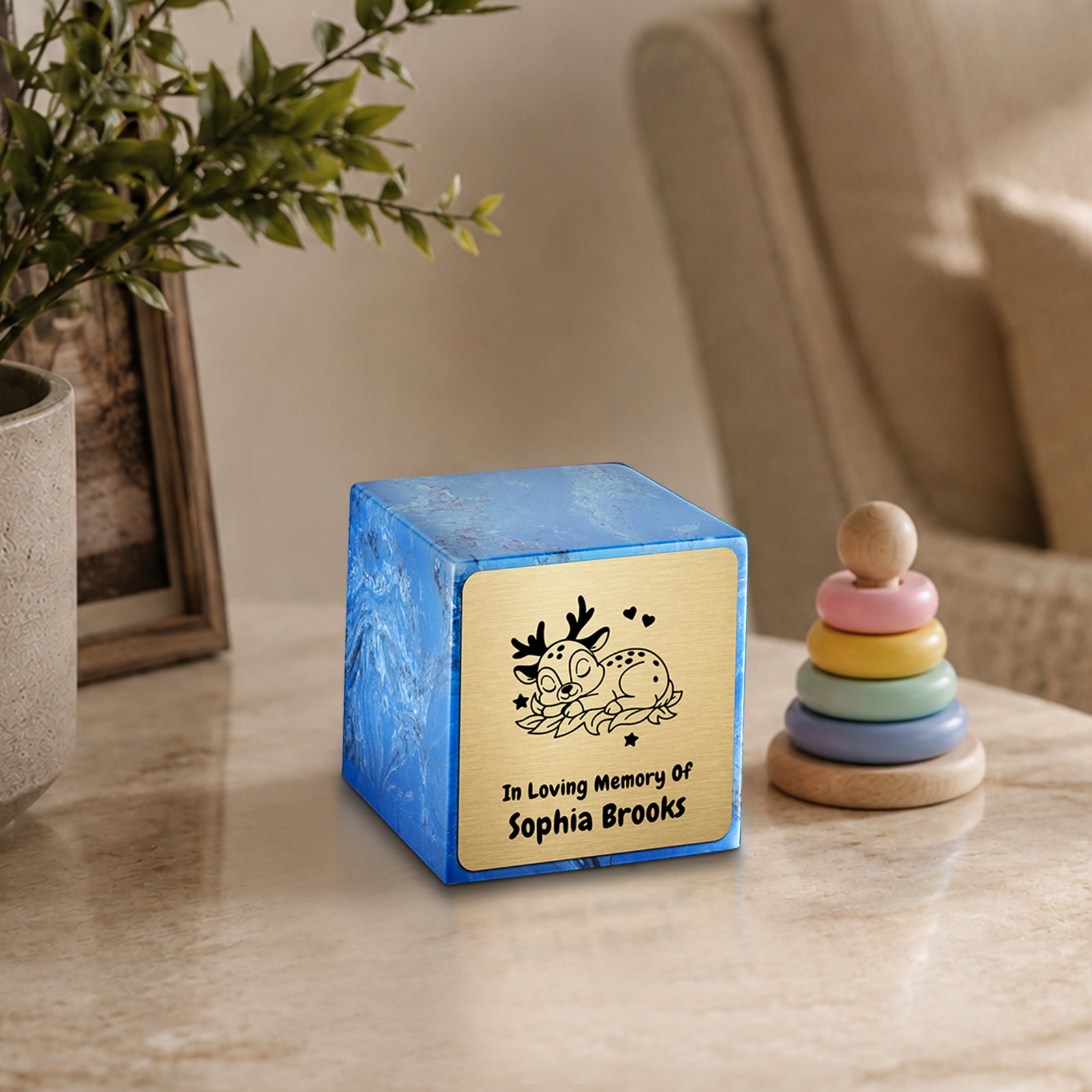 Small Cube Baby Deer Mystic Blue Cultured Marble Child Cremation Urn by MacKenzie