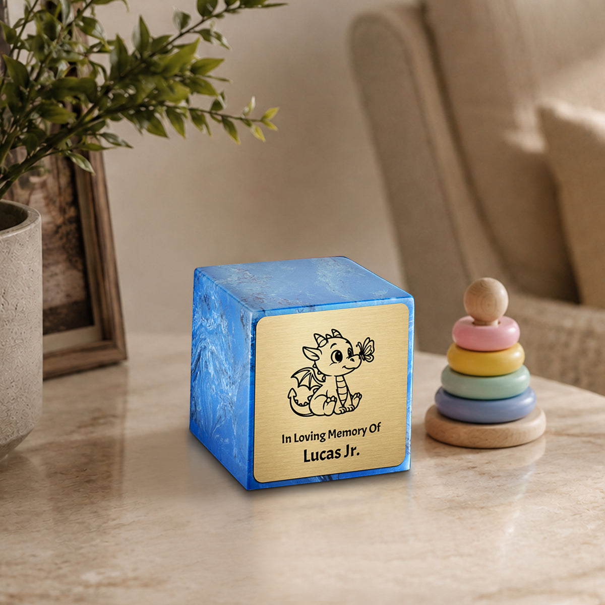 Small Cube Baby Dragon Mystic Blue Cultured Marble Child Cremation Urn by MacKenzie