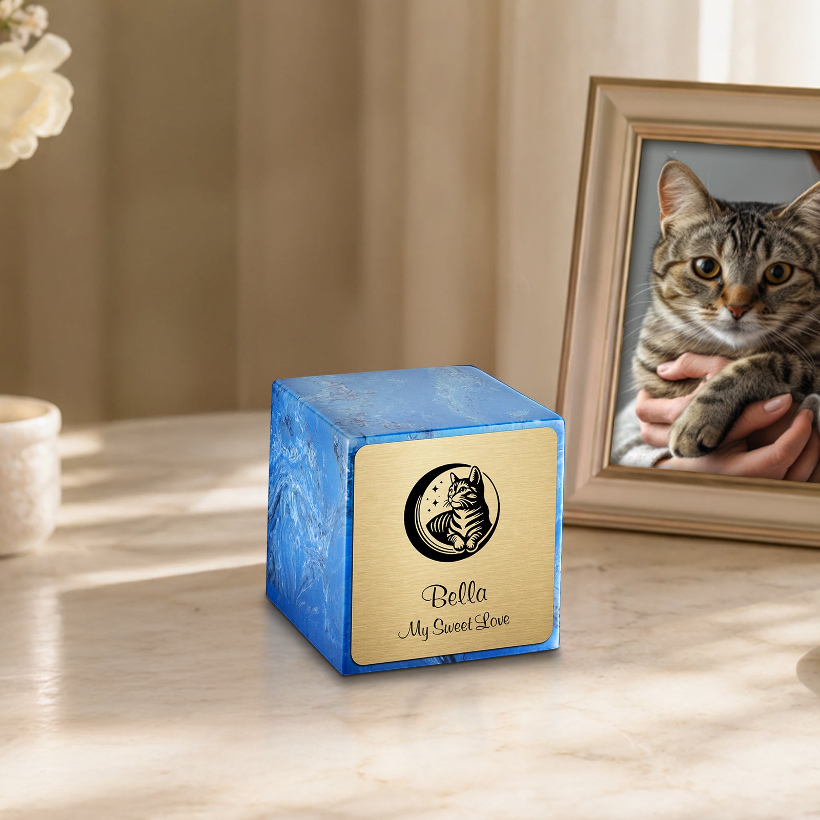 Small Cube Cat Mystic Blue Cultured Marble Pet Cremation Urn by MacKenzie