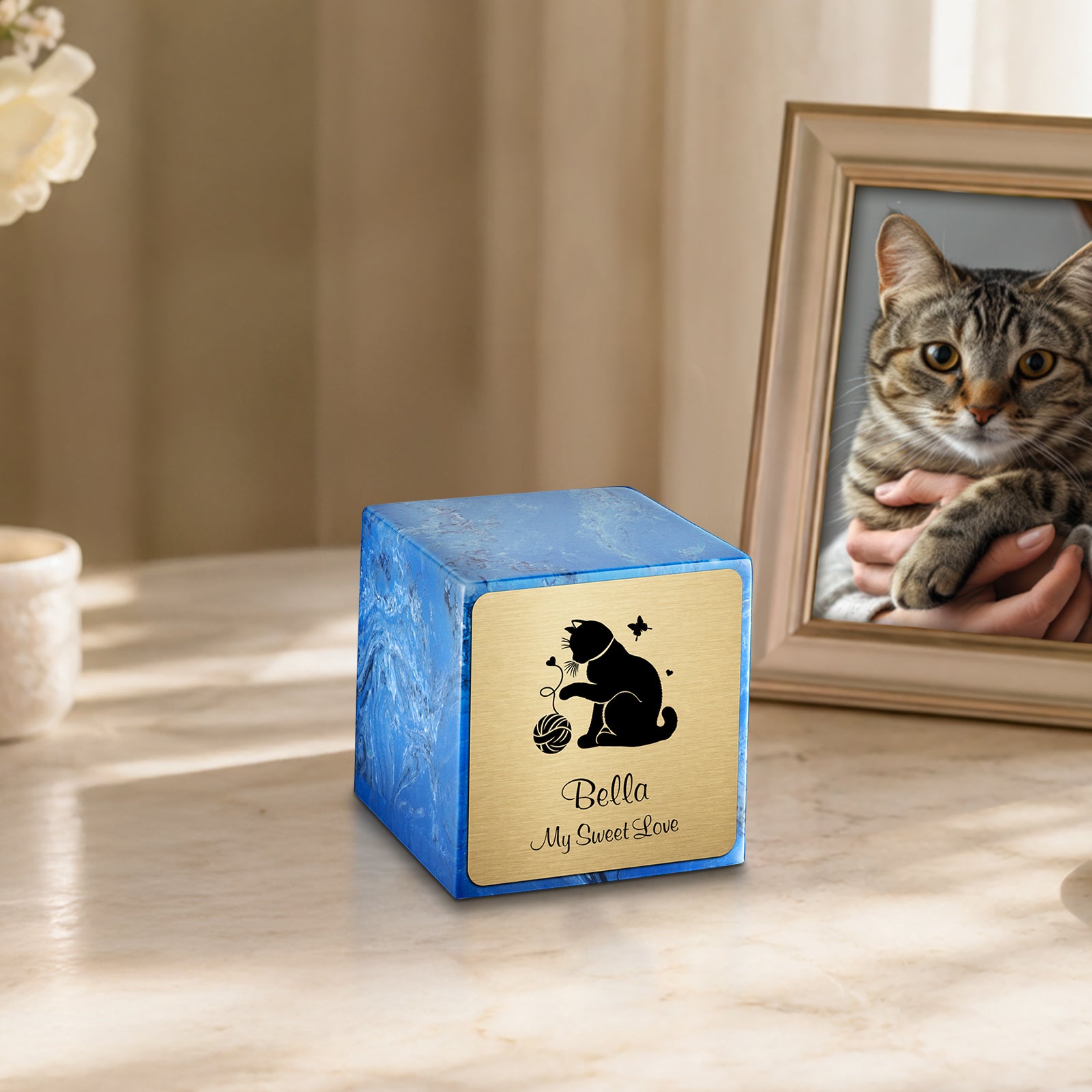 Small Cube Fun Cat Mystic Blue Cultured Marble Pet Cremation Urn by MacKenzie