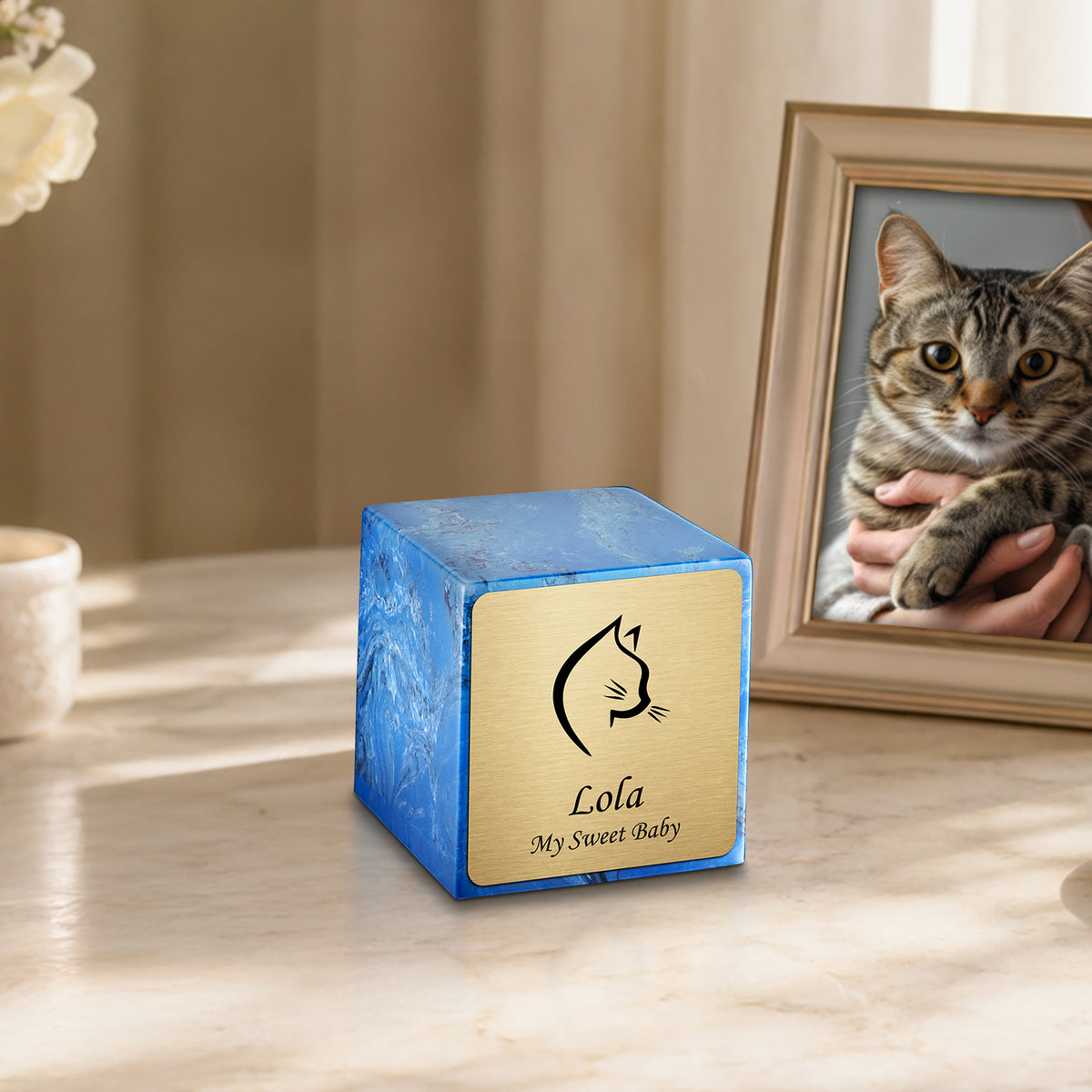 Small Cube Cat Head Mystic Blue Cultured Marble Pet Cremation Urn by MacKenzie