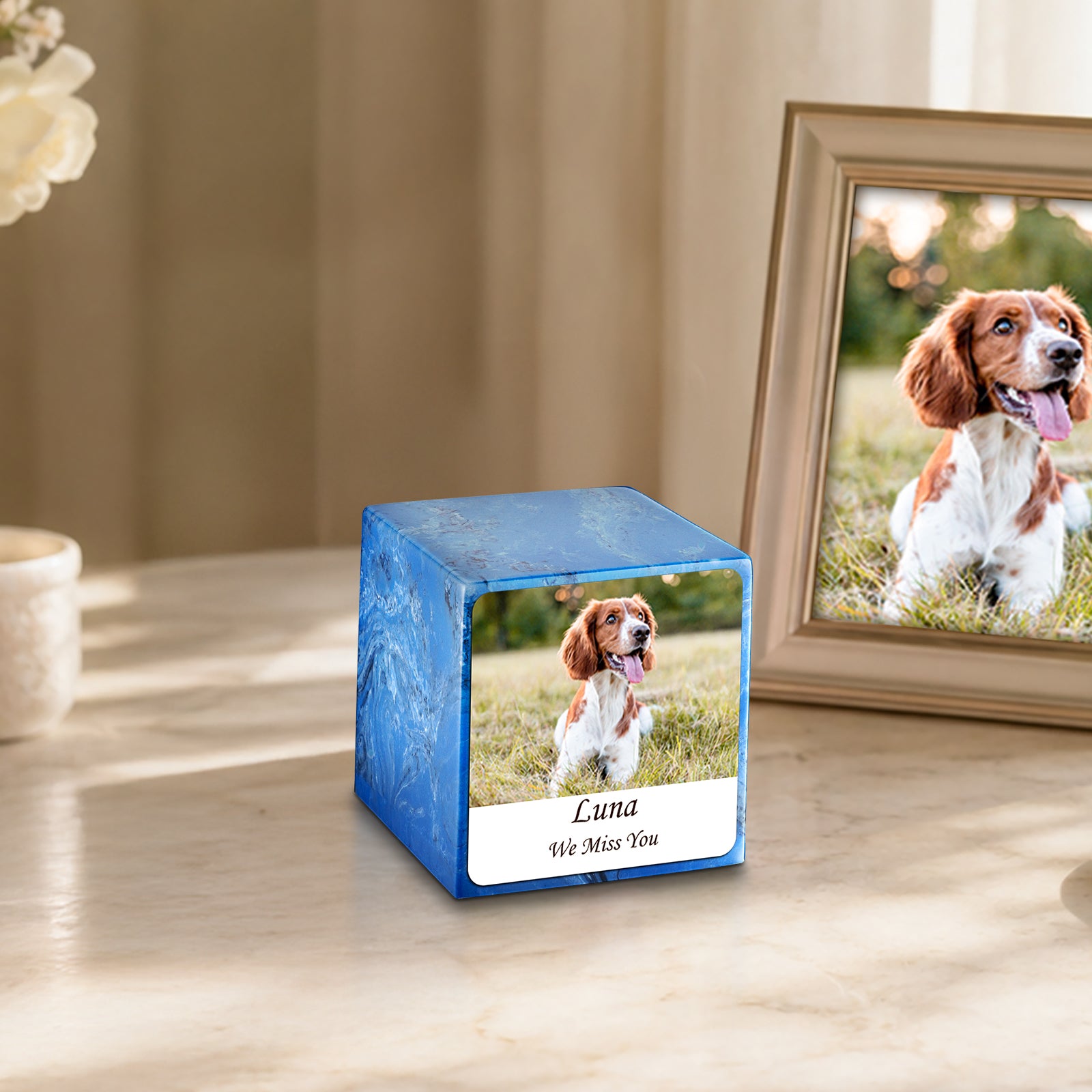 Small Cube Custom Pet Photo Mystic Blue Cultured Marble Pet Cremation Urn by MacKenzie