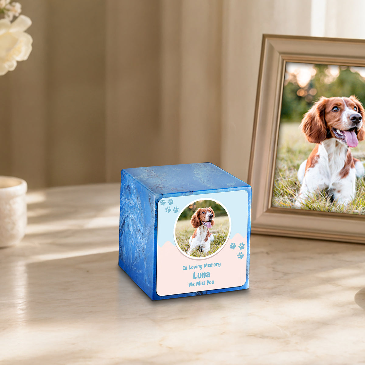 Small Cube Pet Portrait Mystic Blue Cultured Marble Pet Cremation Urn by MacKenzie