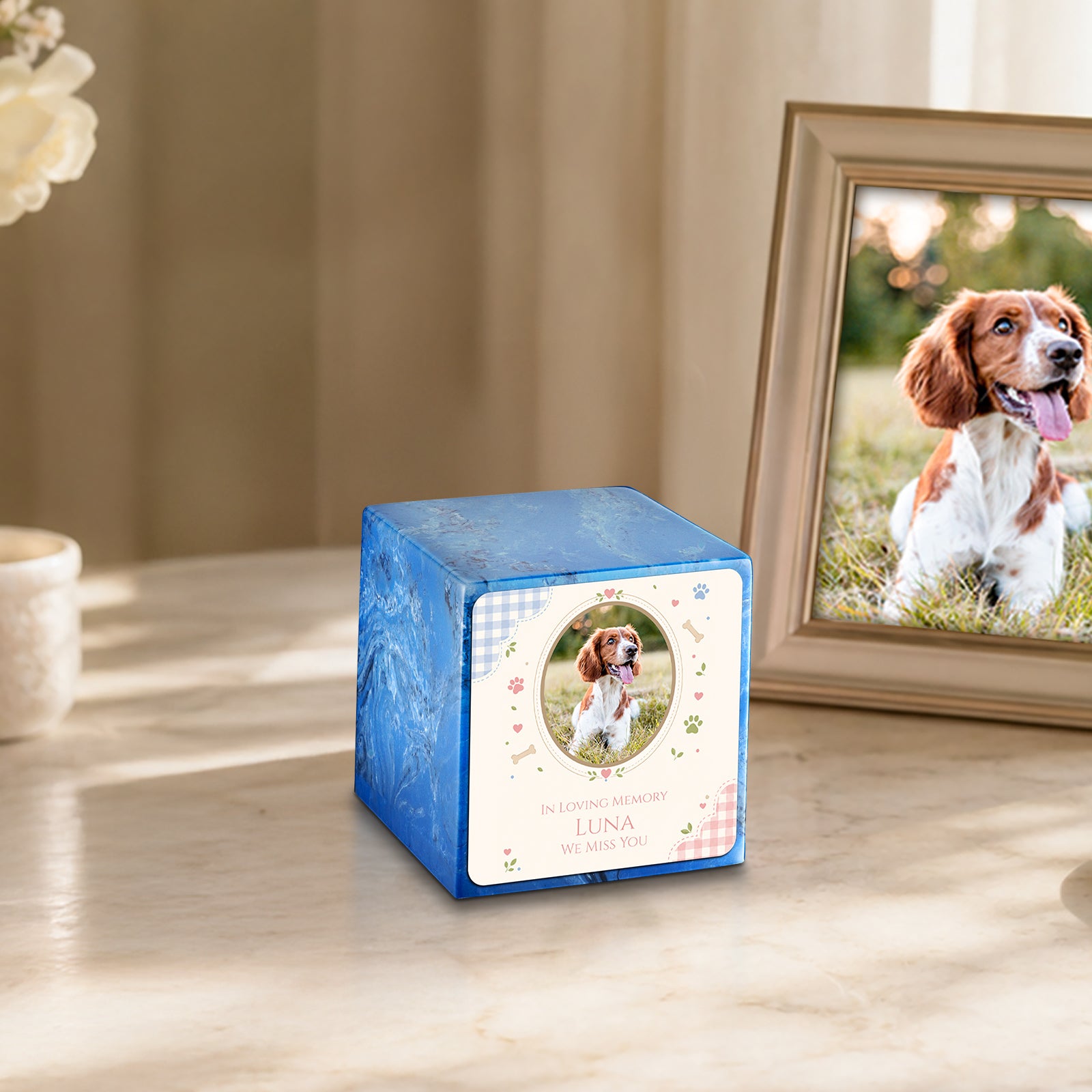 Small Cube Custom Pet Memorial Mystic Blue Cultured Marble Pet Cremation Urn by MacKenzie
