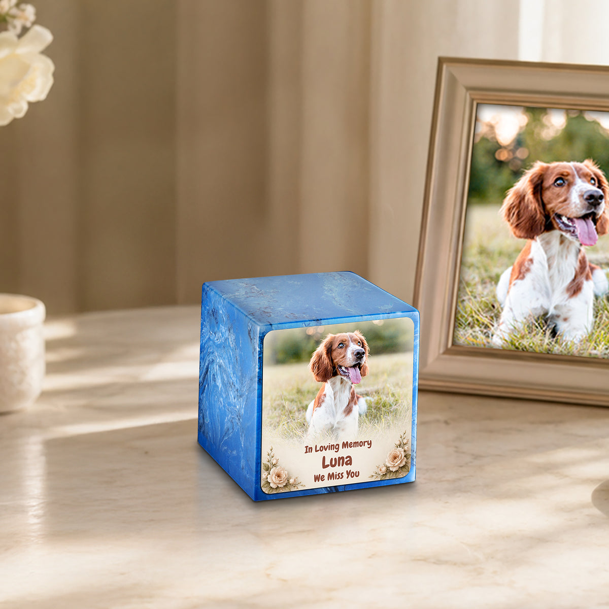 Small Cube Personalized Pet Photo Mystic Blue Cultured Marble Pet Cremation Urn by MacKenzie