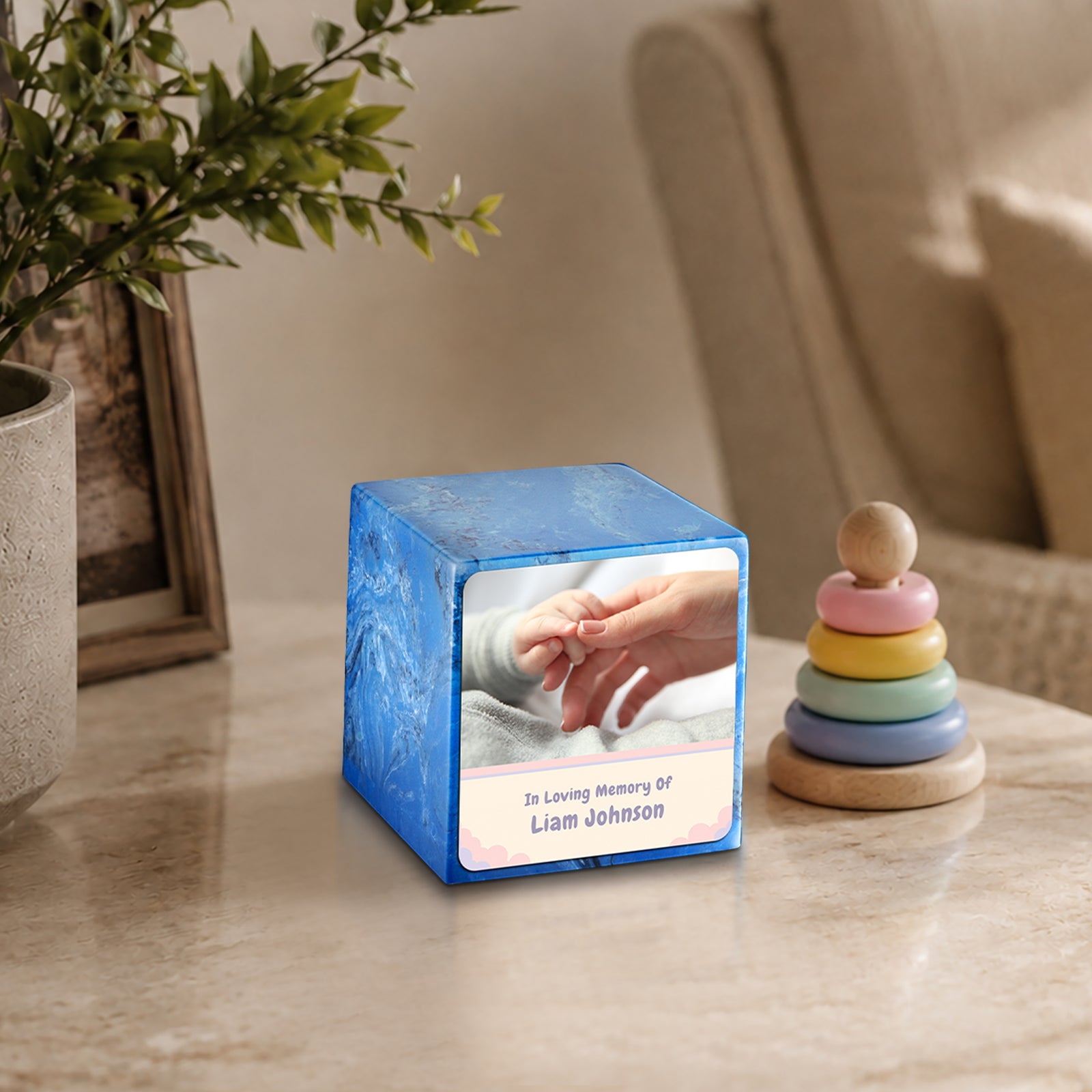 Small Cube Classic Photo Mystic Blue Cultured Marble Child Cremation Urn by MacKenzie