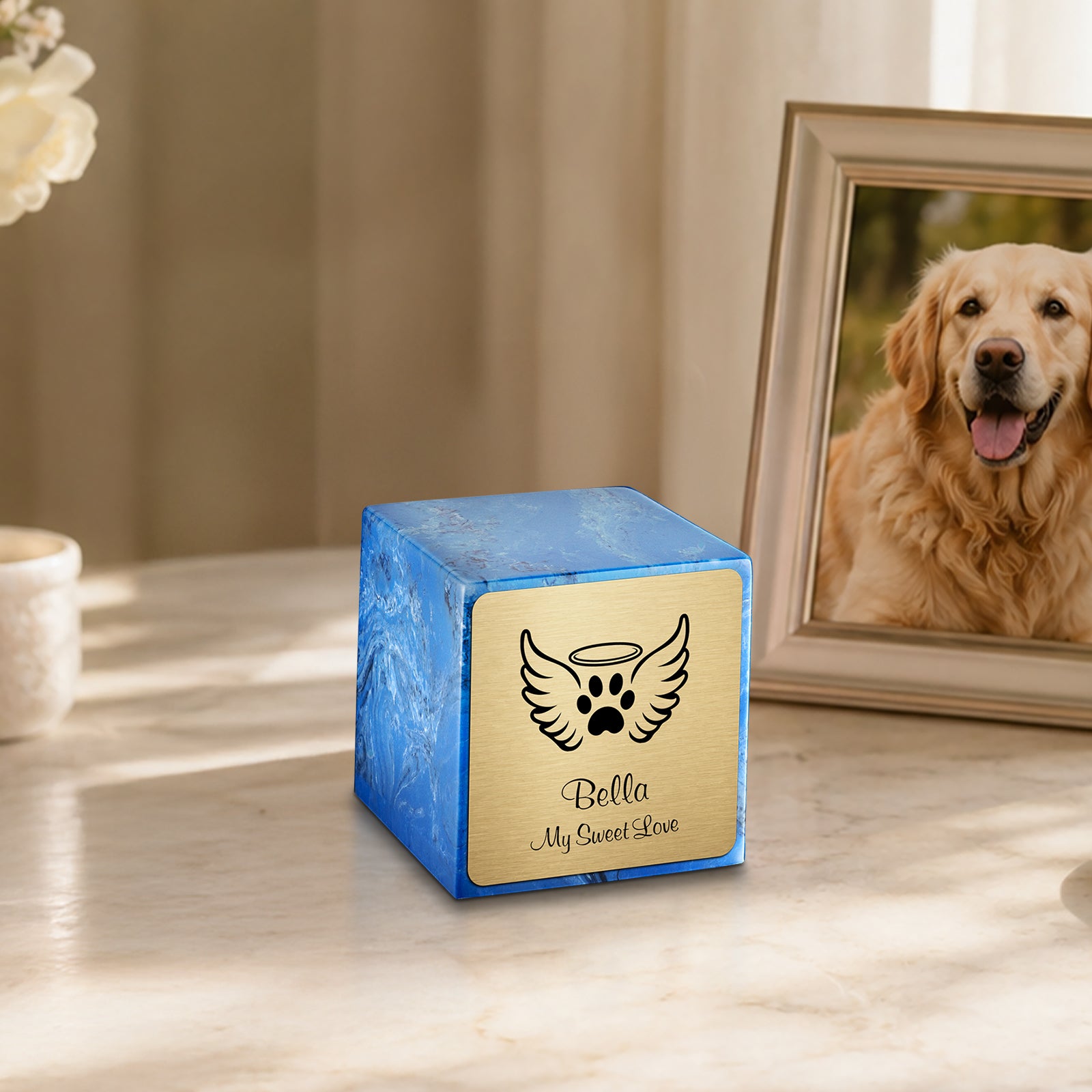 Small Cube Angel Wings Mystic Blue Cultured Marble Pet Cremation Urn by MacKenzie